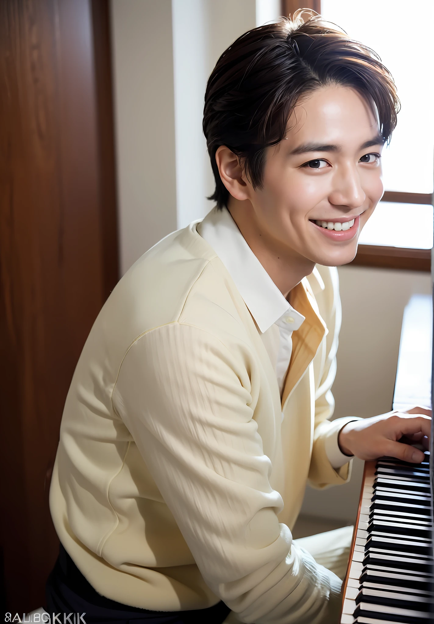 ((8k:1.27), top quality, masterpiece, ultra high definition:1.2) Japan male photo, smiling, muscle, pianist, playing the piano, 25 years old, man, ultra detailed face