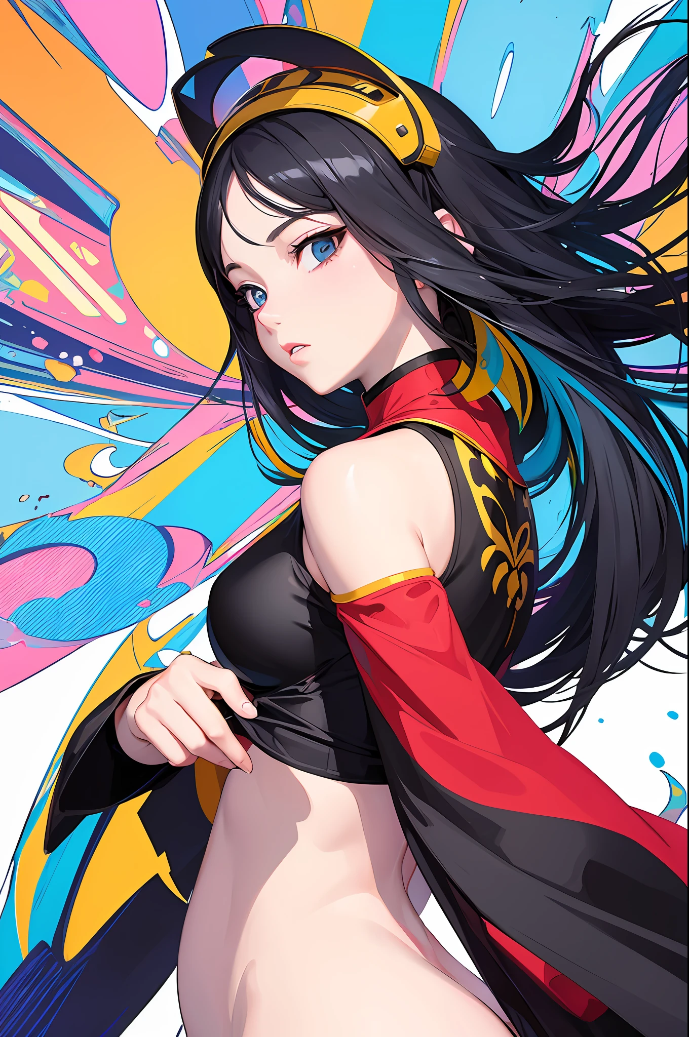 (masterpiece, best quality:1.3), 1girl, cel shading, bold outlines, flat colors, sharp shadows, graphic style, (manga influence), clean linework, (striking visuals),multicolored background