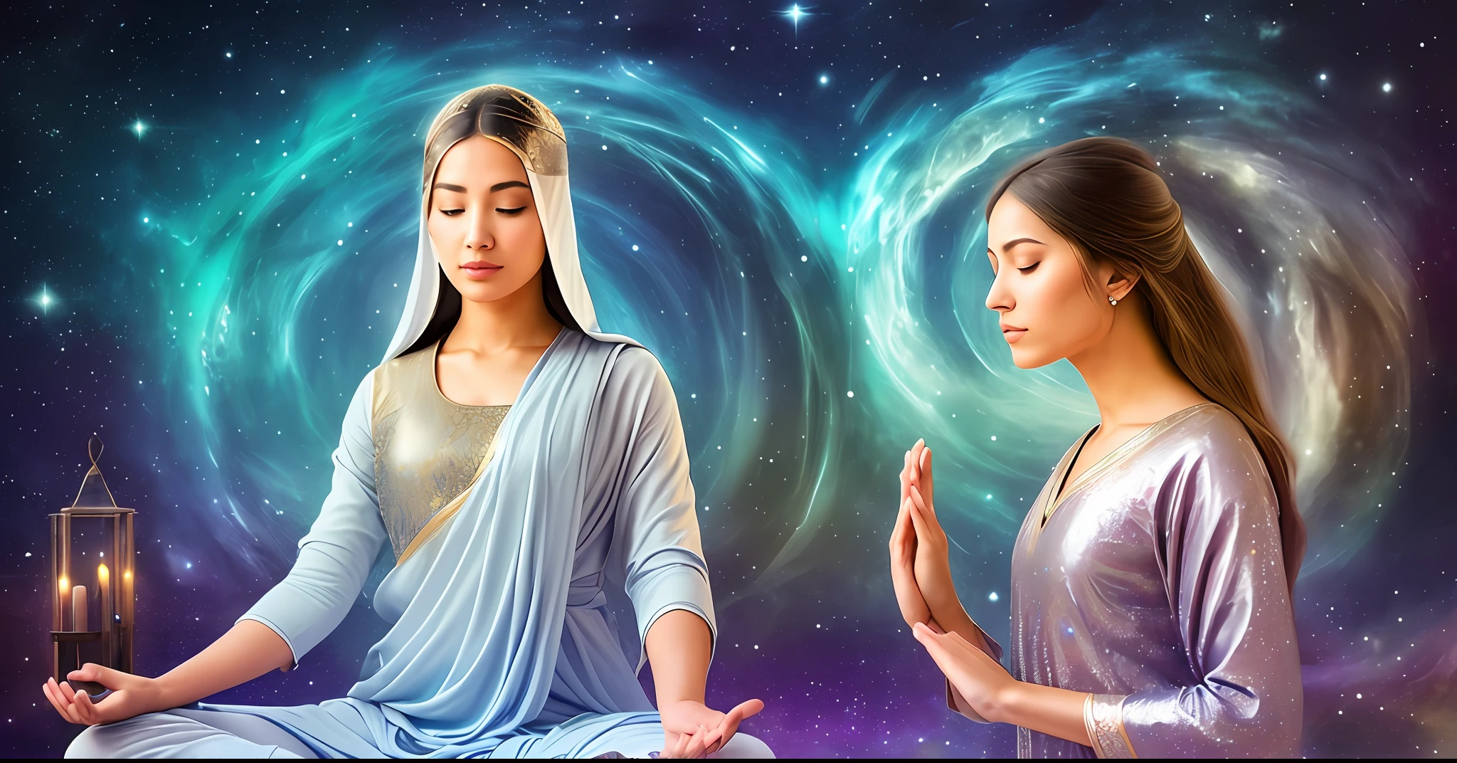 Impressive mage of only one woman meditating in profile, with a serene and mystical appearance. The woman must be wearing a silver tunic with metallic colors, and sitting in lotus position in a cosmic environment, universe illuminated by stars that takes your breath away. The background should be composed of a realistic representation of the universe, with bright stars, The image should be composed only by the woman and without other visual distractions. The monk's facial expression should be one of inner peace and serenity. The image should have a modern and attractive style, with a framing that catches the eye. The image should convey the idea of relaxation and inner peace, and be a visual representation of meditation to achieve happiness and peace.