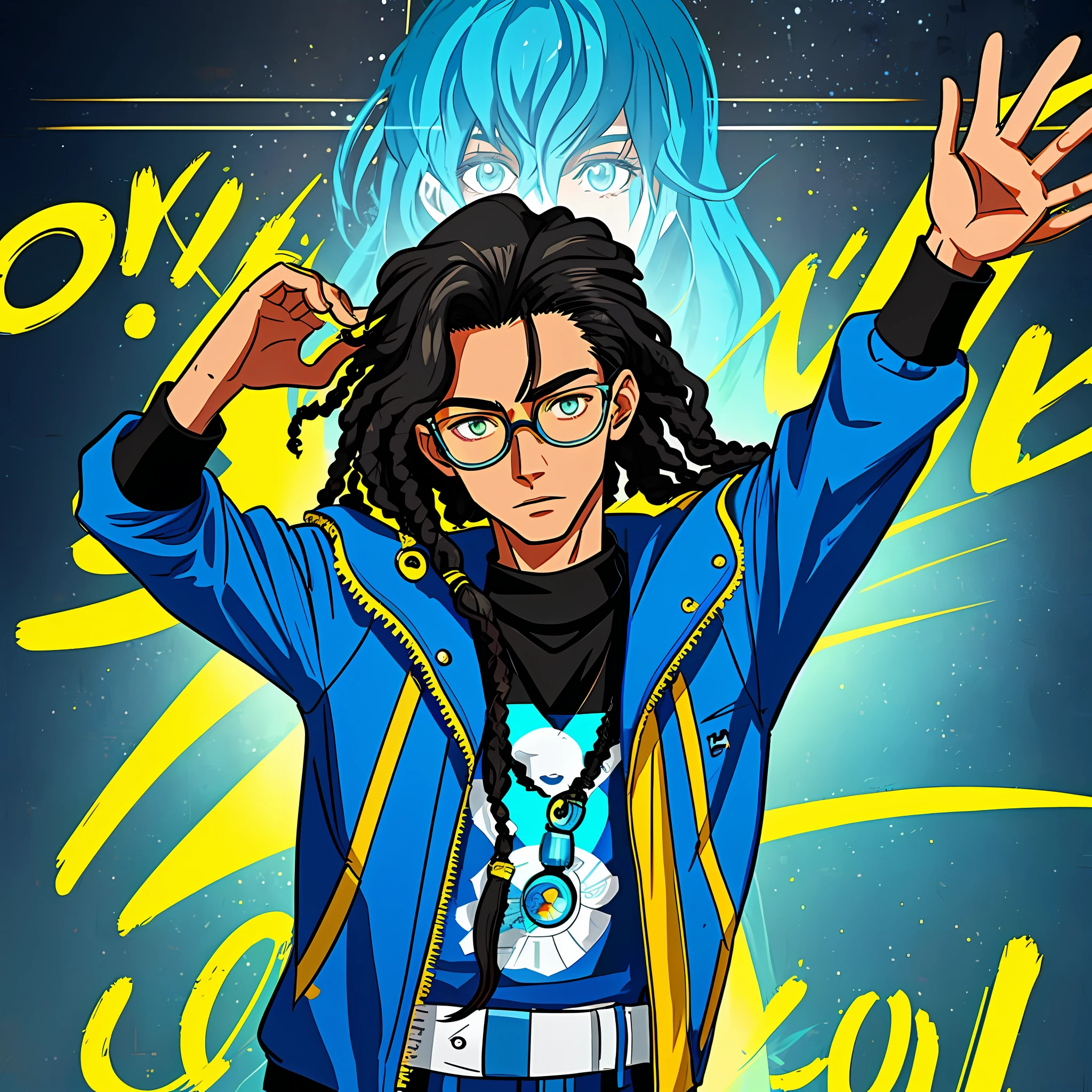 A cartoon image of a man with glasses and a jacket,hair with dred's Keanu Reevez in Disco Elysium, Jett de Valorant, Valorant Character, in the style of Tyler Mitchell, Unknown Artstyle, Stylized portrait, Detailed character portrait, Official character art, Detailed character art, Disco Elysium Character, Character art, High quality portrait, Portrait of Willow Smith, super shock, focusing on blue and yellow for color