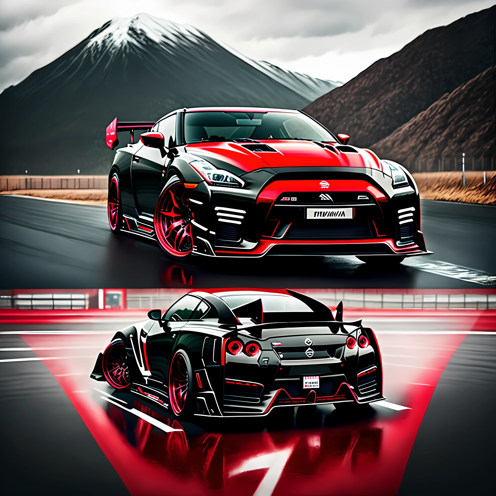 Nissan GTR nismo drift, black with red stripes on the side with scarlet red accents and black chrome wheels with carbon airfoil parked on a highway on a mountain, camera pro horizon, rainy day, cloudy, with spokes