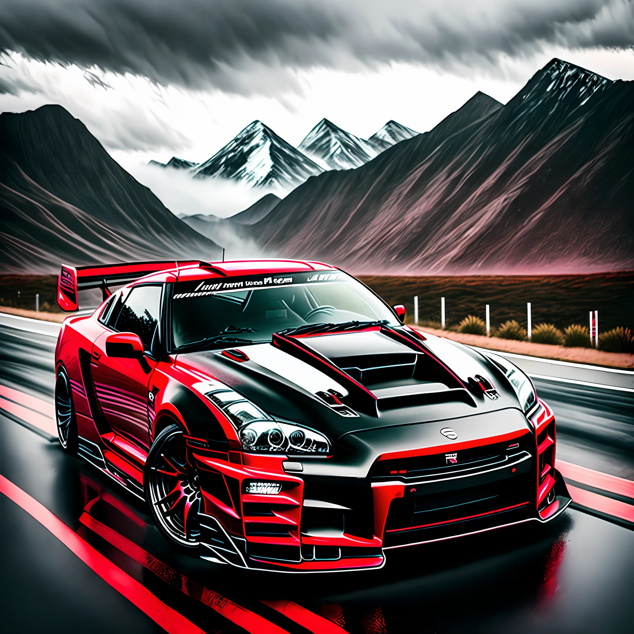 Nissan GTR nismo drift, black with red stripes on the side with scarlet red accents and black chrome wheels with carbon airfoil parked on a highway on a mountain, camera pro horizon, rainy day, cloudy, with spokes