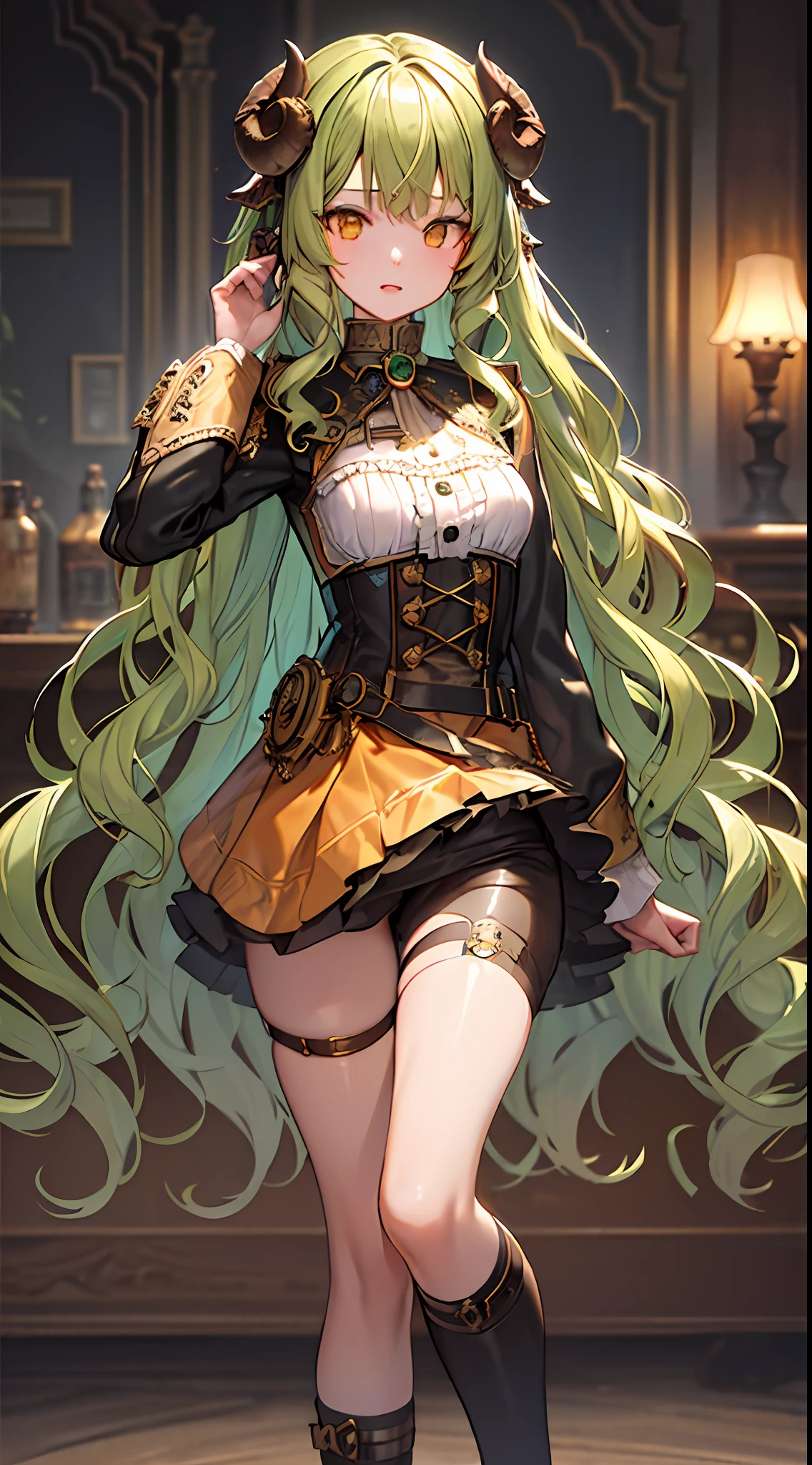 masterpiece, best quality,extreme detailed illustration, cinematic light, white background, 1girl, full body, steampunk clothes, military clothing, looking at viewer, detailed face, girl with green wavy hair, bangs, metal sheep horns, gradient hair, multicolored hair, light green hair, turquoise hair tips, wavy hair, gradient eyes, orange eyes
