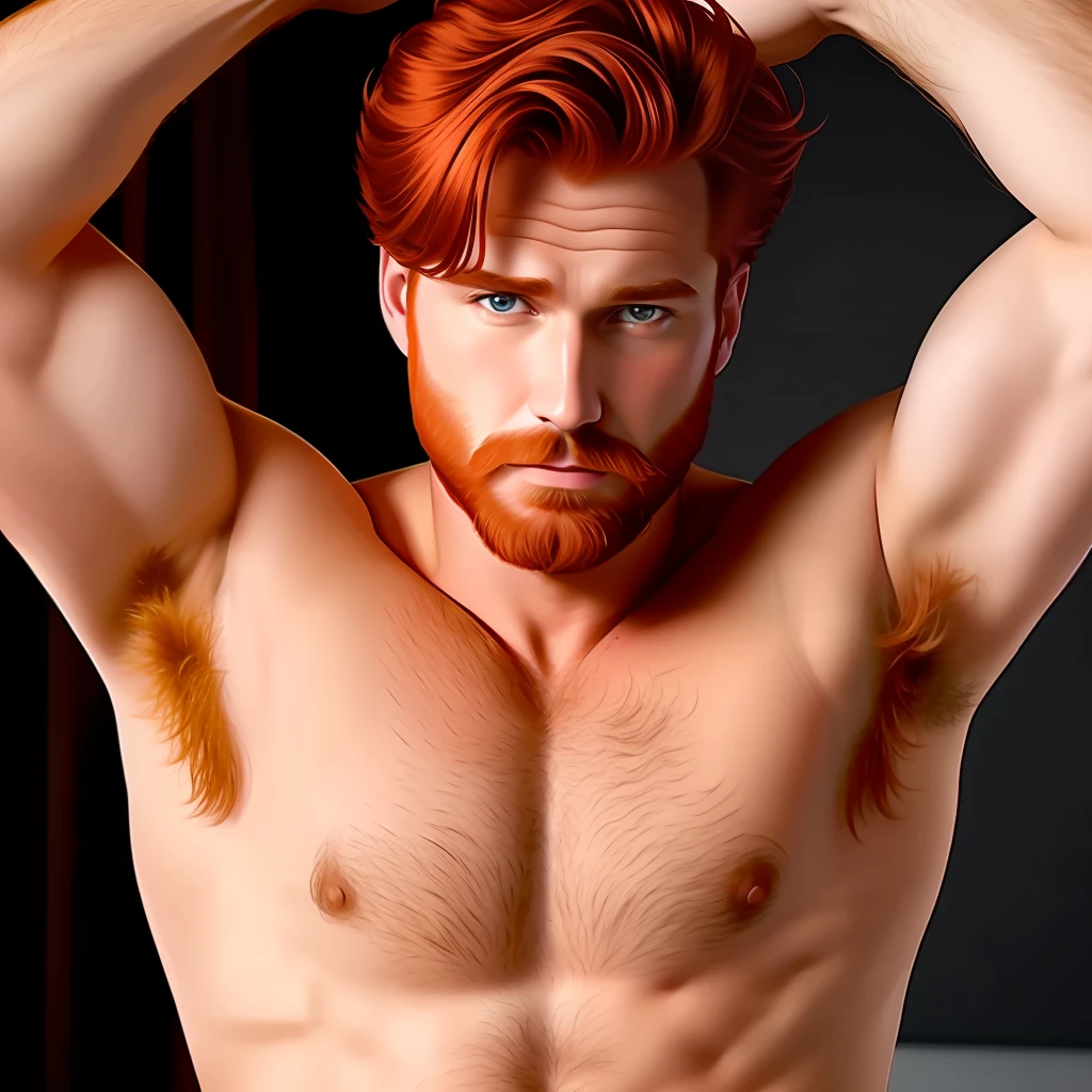 Make a very handsome red-haired man, with a manly face, a well-defined body and hairy armpits, in 4K, in his underwear and pubic hair to show