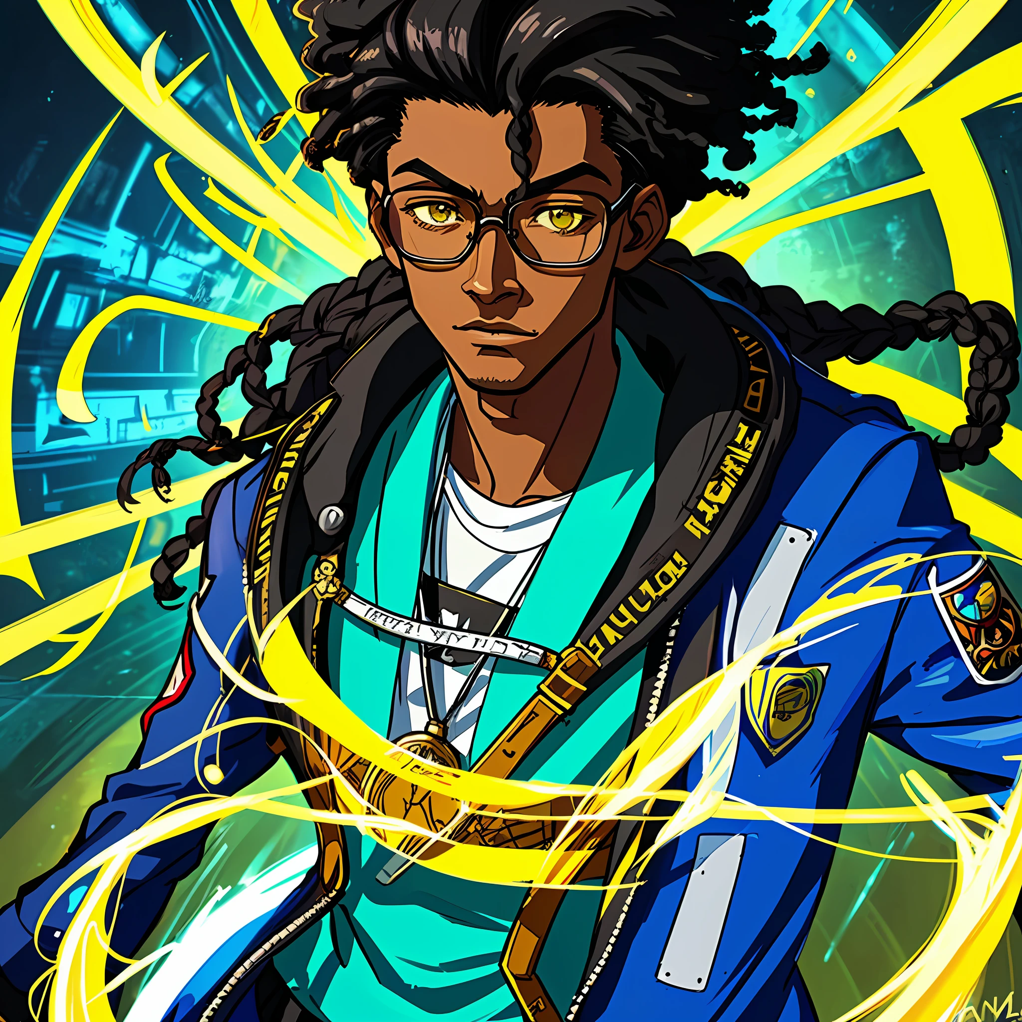 dark skin A cartoon image of a man with glasses and a jacket,hair with dred's Keanu Reevez in Disco Elysium, Jett of Valorant, Valorant Character, in the style of Tyler Mitchell, Unknown Artstyle, Stylized portrait, Detailed character portrait, Official character art, Detailed character art, Disco Elysium Character, Character art, High quality portrait, Portrait of Willow Smith, super shock, focusing on blue and yellow for color