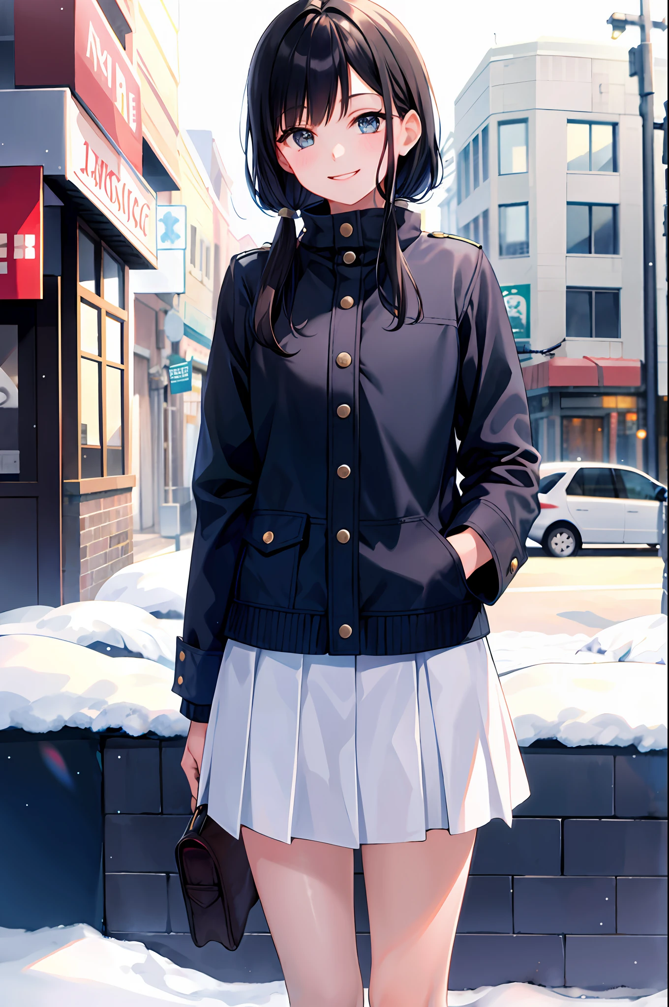 (morning), one girl, one, looking at viewer, winter, cowboy shot, (downtown),uniform, cowboy shot, smile, black hair
