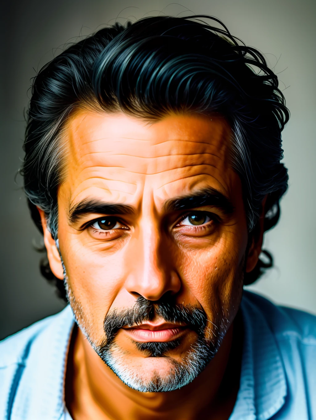 A photorealistic portrait of a stunningly handsome tanned Brazilian mature man with no make-up, extremely detailed light honey eyes, detailed symmetric realistic face, extremely detailed natural texture, peach fuzz, windy hair, masterpiece, absurdres, award winning photo by lee jeffries, nikon d850 film stock photograph, kodak portra 400 camera f1.6 lens, extremely detailed, amazing, fine detail, rich colors, hyper realistic lifelike texture, dramatic lighting, unrealengine, trending on artstation, cinestill 800 tungsten, looking at the viewer, photo realistic, RAW photo, TanvirTamim, high quality, highres, sharp focus, extremely detailed, cinematic lighting, 8k uhd,-imagine-