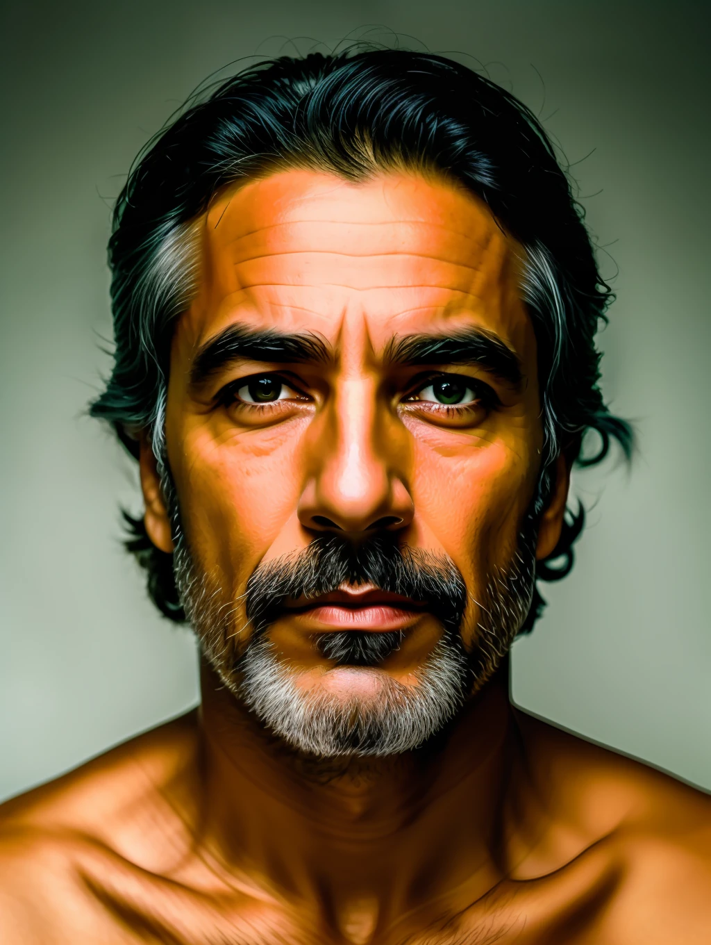 A photorealistic portrait of a stunningly handsome tanned Brazilian mature man with no make-up, extremely detailed light honey eyes, detailed symmetric realistic face, extremely detailed natural texture, peach fuzz, windy hair, masterpiece, absurdres, award winning photo by lee jeffries, nikon d850 film stock photograph, kodak portra 400 camera f1.6 lens, extremely detailed, amazing, fine detail, rich colors, hyper realistic lifelike texture, dramatic lighting, unrealengine, trending on artstation, cinestill 800 tungsten, looking at the viewer, photo realistic, RAW photo, TanvirTamim, high quality, highres, sharp focus, extremely detailed, cinematic lighting, 8k uhd,-imagine-