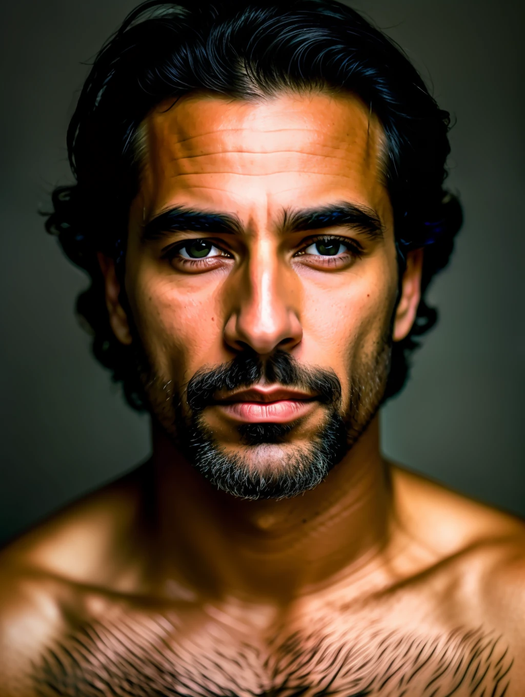 A photorealistic portrait of a stunningly handsome tanned Brazilian mature man with no make-up, extremely detailed light honey eyes, detailed symmetric realistic face, extremely detailed natural texture, peach fuzz, windy hair, masterpiece, absurdres, award winning photo by lee jeffries, nikon d850 film stock photograph, kodak portra 400 camera f1.6 lens, extremely detailed, amazing, fine detail, rich colors, hyper realistic lifelike texture, dramatic lighting, unrealengine, trending on artstation, cinestill 800 tungsten, looking at the viewer, photo realistic, RAW photo, TanvirTamim, high quality, highres, sharp focus, extremely detailed, cinematic lighting, 8k uhd,-imagine-