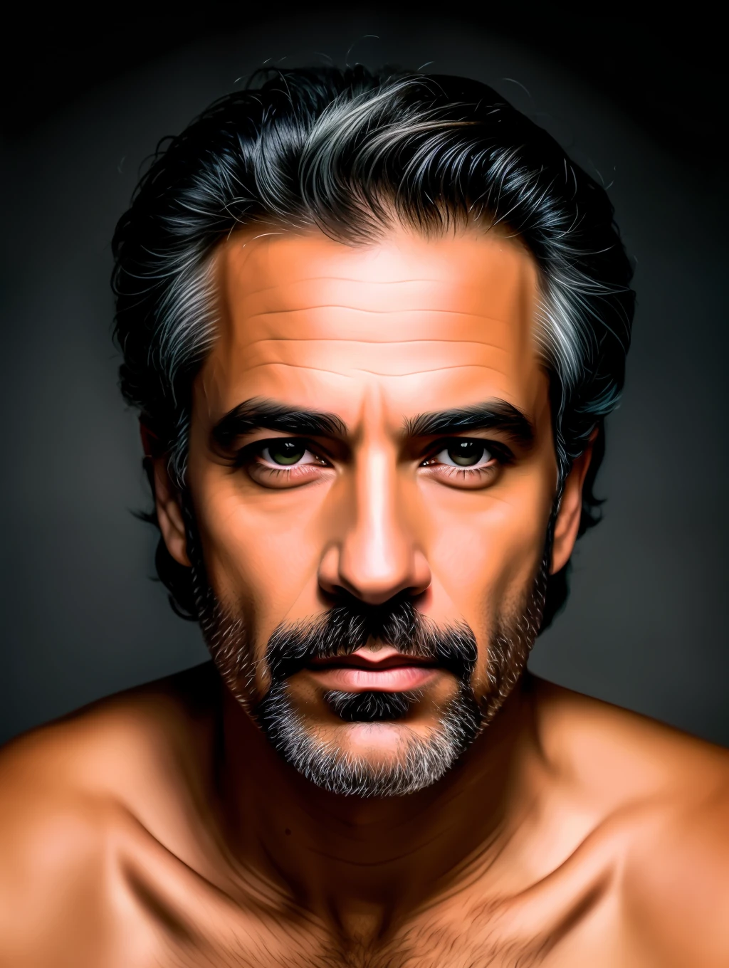 A photorealistic portrait of a stunningly handsome tanned Brazilian mature man with no make-up, extremely detailed light honey eyes, detailed symmetric realistic face, extremely detailed natural texture, peach fuzz, windy hair, masterpiece, absurdres, award winning photo by lee jeffries, nikon d850 film stock photograph, kodak portra 400 camera f1.6 lens, extremely detailed, amazing, fine detail, rich colors, hyper realistic lifelike texture, dramatic lighting, unrealengine, trending on artstation, cinestill 800 tungsten, looking at the viewer, photo realistic, RAW photo, TanvirTamim, high quality, highres, sharp focus, extremely detailed, cinematic lighting, 8k uhd,-imagine-