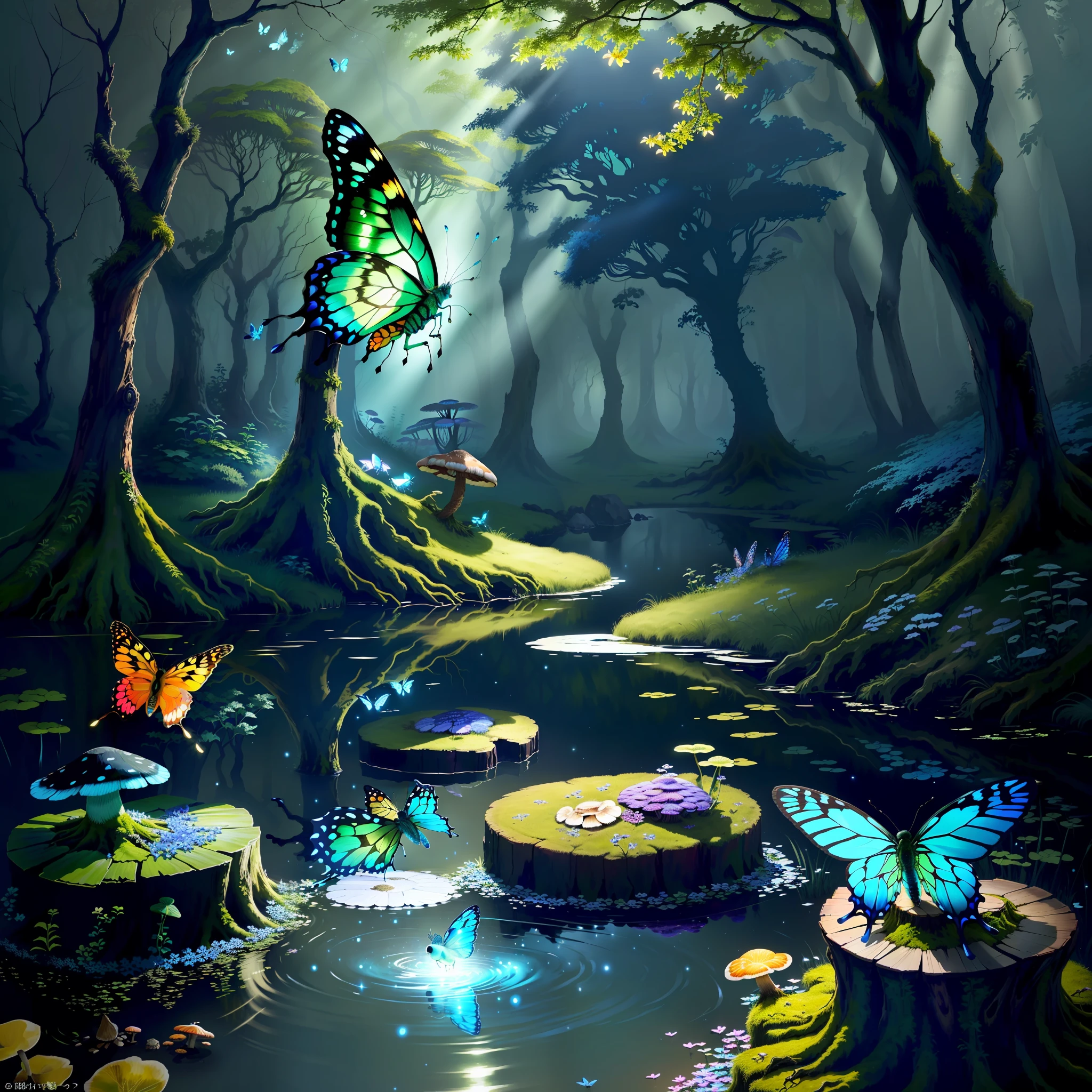 A giant butterfly with blue wings, a moss-covered tree stump, mushrooms glowing at the bottom, a frog by the stream, a fantastic atmosphere, a multitude of fireflies around, a masterpiece, the best quality,