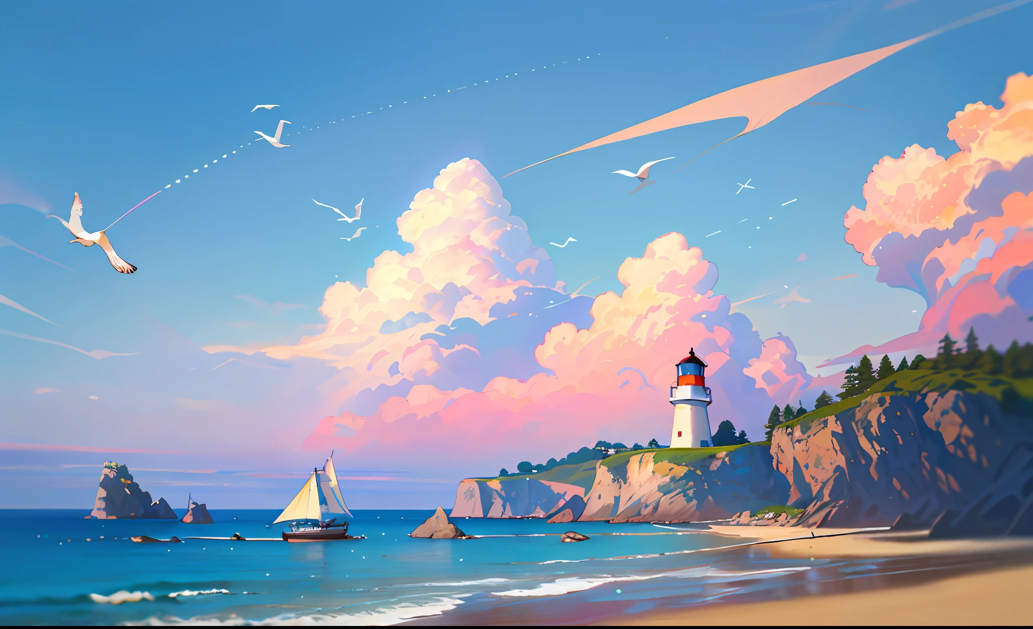 (masterpiece, best quality: 1.1), wide angle, from below, (white cliff), mountain, blue ocean, low tide, waves, rocky beach, trajectory, seagull, horizon, breeze, summer, morning, clear sky, clouds, calm, fresh air, sailboat, lighthouse, depth of field