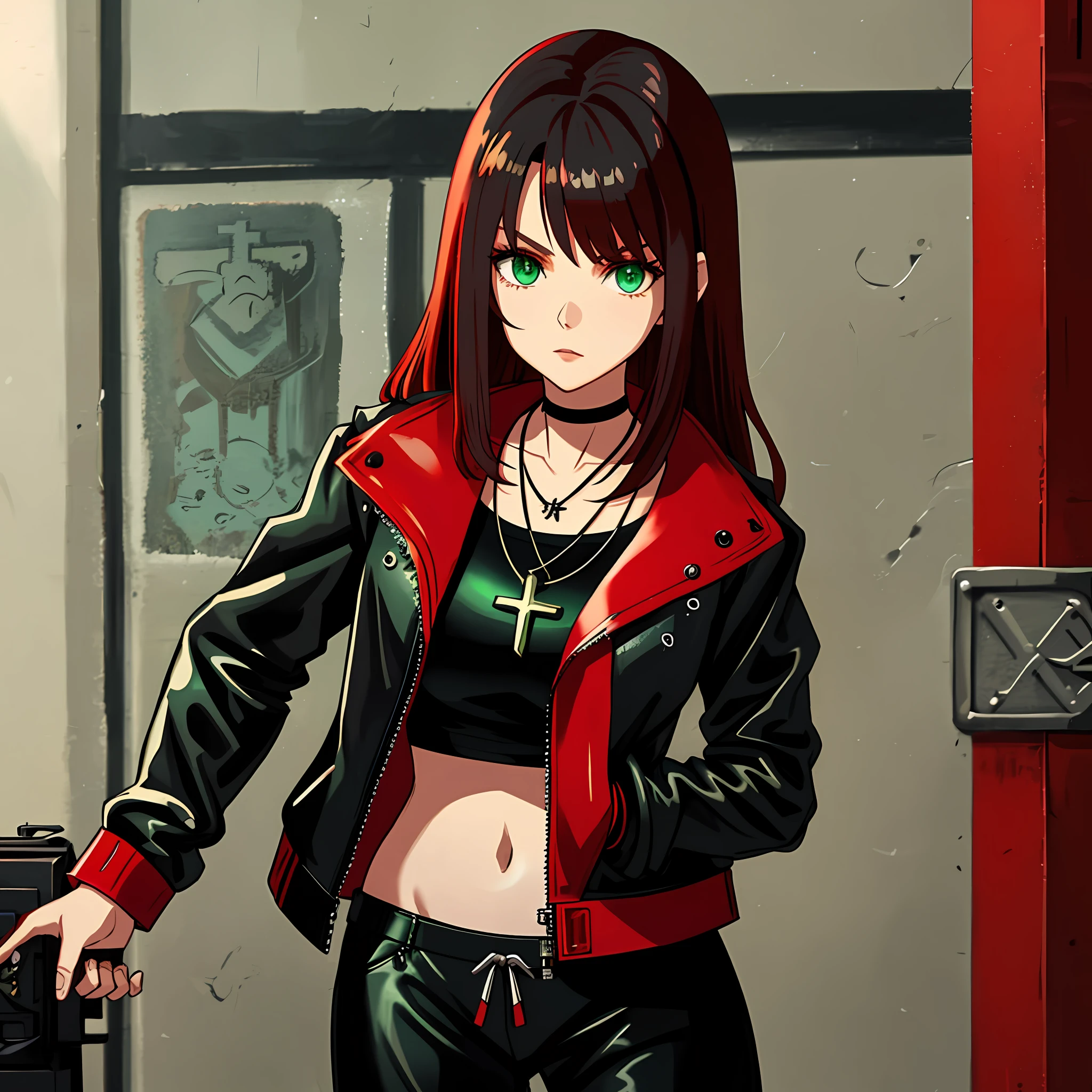 woman,leather jacket,black hair,red hair,detailed green eyes,red sweatpants,cross necklace,asiatic