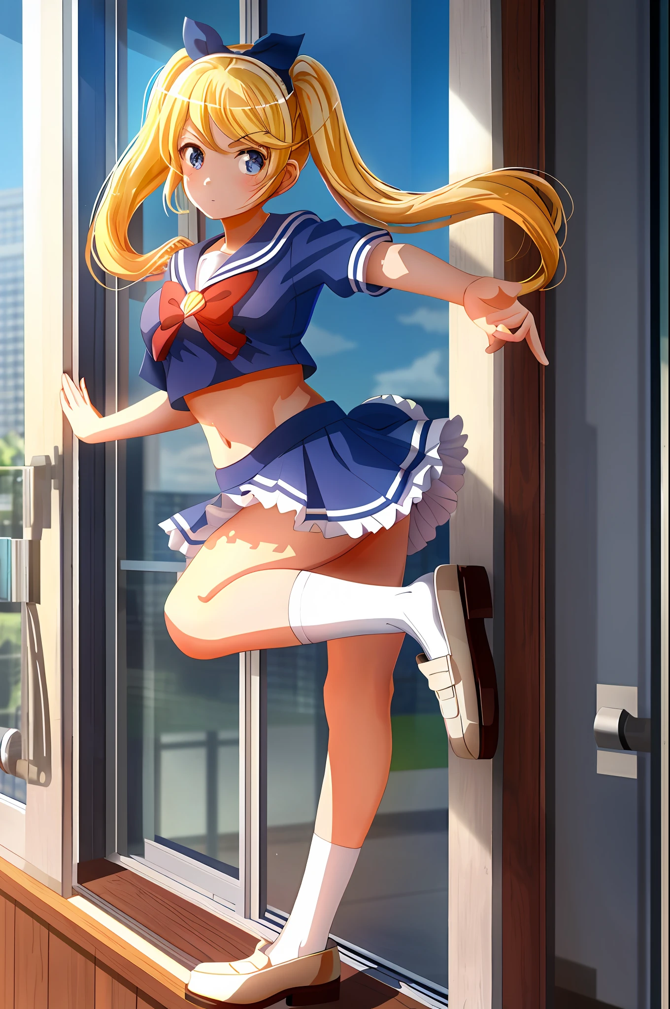 Blonde beautiful girl, high school girl, twin tails, sailor suit, mini skirt, bare legs, loafers, black high socks, pose in front of the window, pretty cure pose, big, whip, odd eye, red and blue eyes, one girl, belly out, beautiful constriction, breast breasts, F cup, octoed body, , half-naked, overexposed, anime, cute, beautiful legs, pose that seems to show ass
