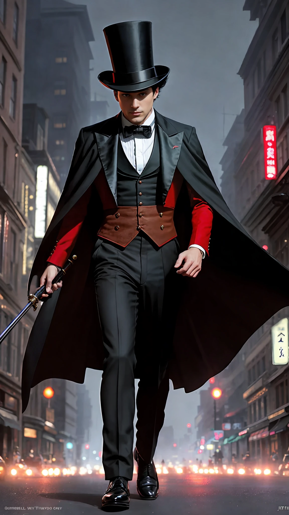 photo of (MCHasDex: 0.99), a dark man, in black suit, black and red cape on the inside, top hat (walking down a street at night), (dagger at the waist), modelshoot style, (extremely detailed CG unit 8k wallpaper), photo of the most beautiful artwork in the world, majestic professional oil painting by Ed Blinkey, Atey Ghailan, Studio Ghibli, by Jeremy Mann, Greg Manchess, Antonio Moro, trend at ArtStation, trend at CGSociety, Intricate, High Detail, Sharp Focus, dramatic and photorealistic art by midjourney and greg rutkowski, (wearing a magician's top hat: 1.1), (looking at the observer), (detailed students: 1.3), (full body)