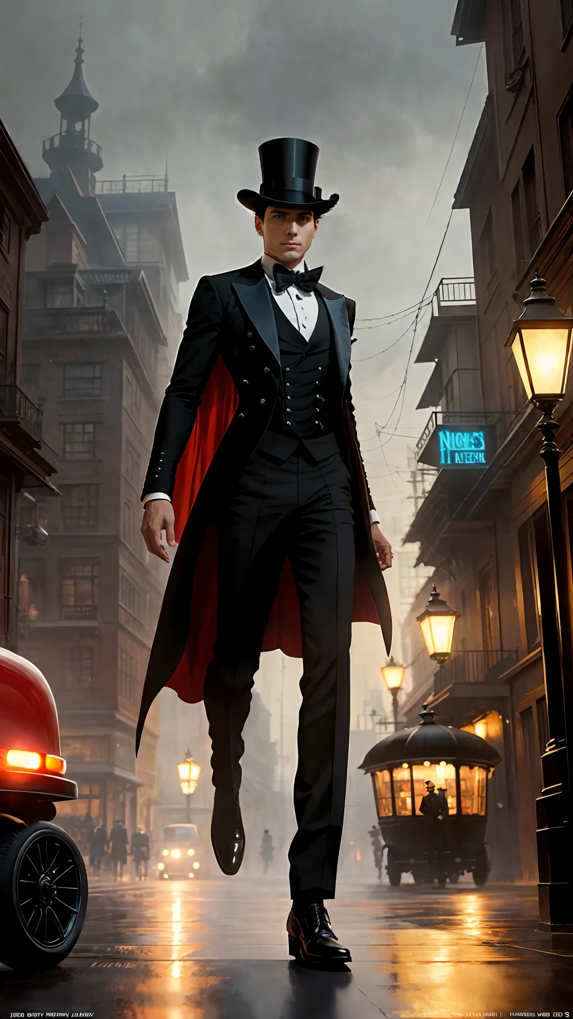 photo of (MCHasDex: 0.99), a dark man, in black suit, black and red cape on the inside, top hat (walking down a street at night), (dagger at the waist), modelshoot style, (extremely detailed CG unit 8k wallpaper), photo of the most beautiful artwork in the world, majestic professional oil painting by Ed Blinkey, Atey Ghailan, Studio Ghibli, by Jeremy Mann, Greg Manchess, Antonio Moro, trend at ArtStation, trend at CGSociety, Intricate, High Detail, Sharp Focus, dramatic and photorealistic art by midjourney and greg rutkowski, (wearing a magician's top hat: 1.1), (looking at the observer), (detailed students: 1.3), (full body)