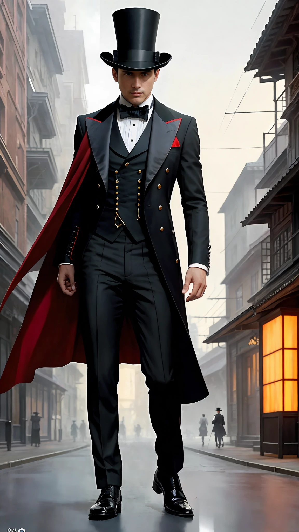 photo of (MCHasDex: 0.99), a dark man, in black suit, black and red cape on the inside, top hat (walking down a street at night), (dagger at the waist), modelshoot style, (extremely detailed CG unit 8k wallpaper), photo of the most beautiful artwork in the world, majestic professional oil painting by Ed Blinkey, Atey Ghailan,  Studio Ghibli, by Jeremy Mann, Greg Manchess, Antonio Moro, trend at ArtStation, trend at CGSociety, Intricate, High Detail, Sharp Focus, dramatic and photorealistic art by midjourney and greg rutkowski, (wearing a magician's top hat: 1.1), (looking at the observer), (detailed students: 1.3), (full body)