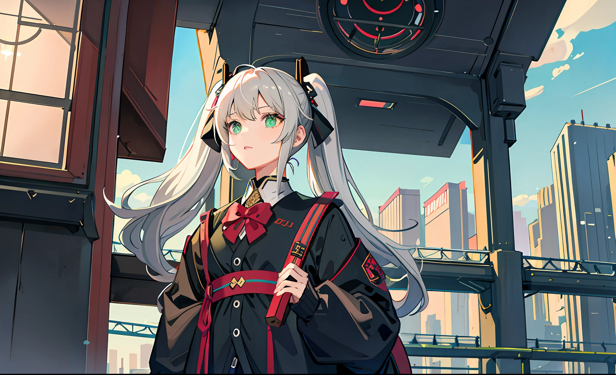 Science Fiction, Futuristic City, Daytime, High Quality, Masterpiece, Beautiful, 4K, One Girl, Cute Cardigan, White Hair, Green Eyes, Twin Tails