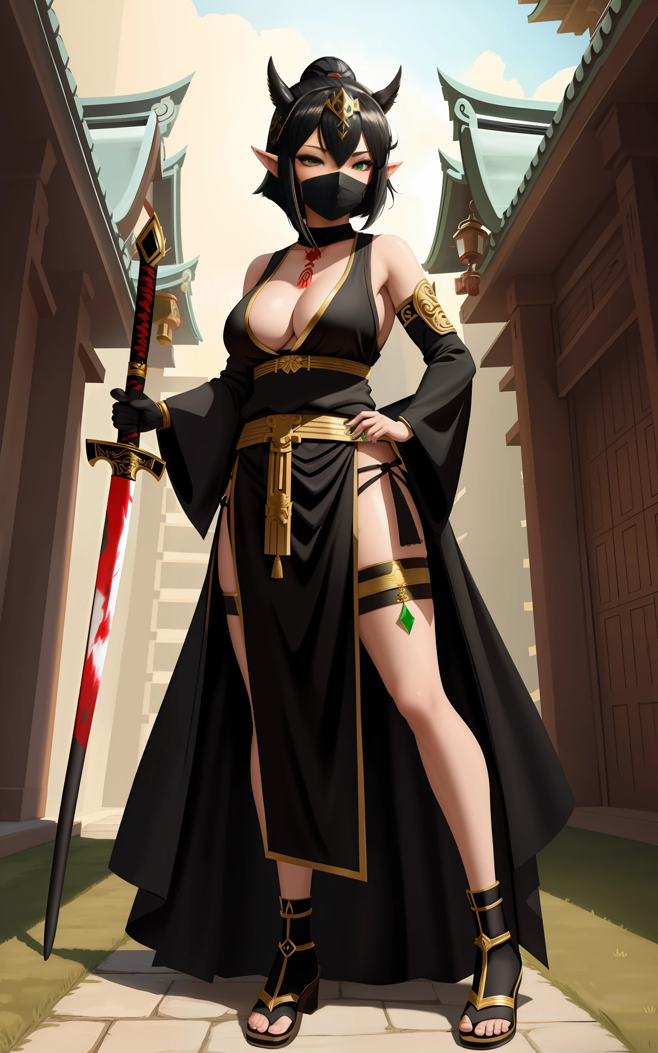 full body, Standing, Princess Zelda as Shinobi, costume all black with gold stripes, she has large breasts, (short black hair), ((wearing Oni mask on her face)), cut scar over right eye, (green eyes), a katana attached to her waist, blood all over her clothes, she is in an ancient ninja Temple full of swords stuck in the ground, Anime, masterpiece, 16k, award winning, best quality, high details, UHD, masterpiece, anatomically correct