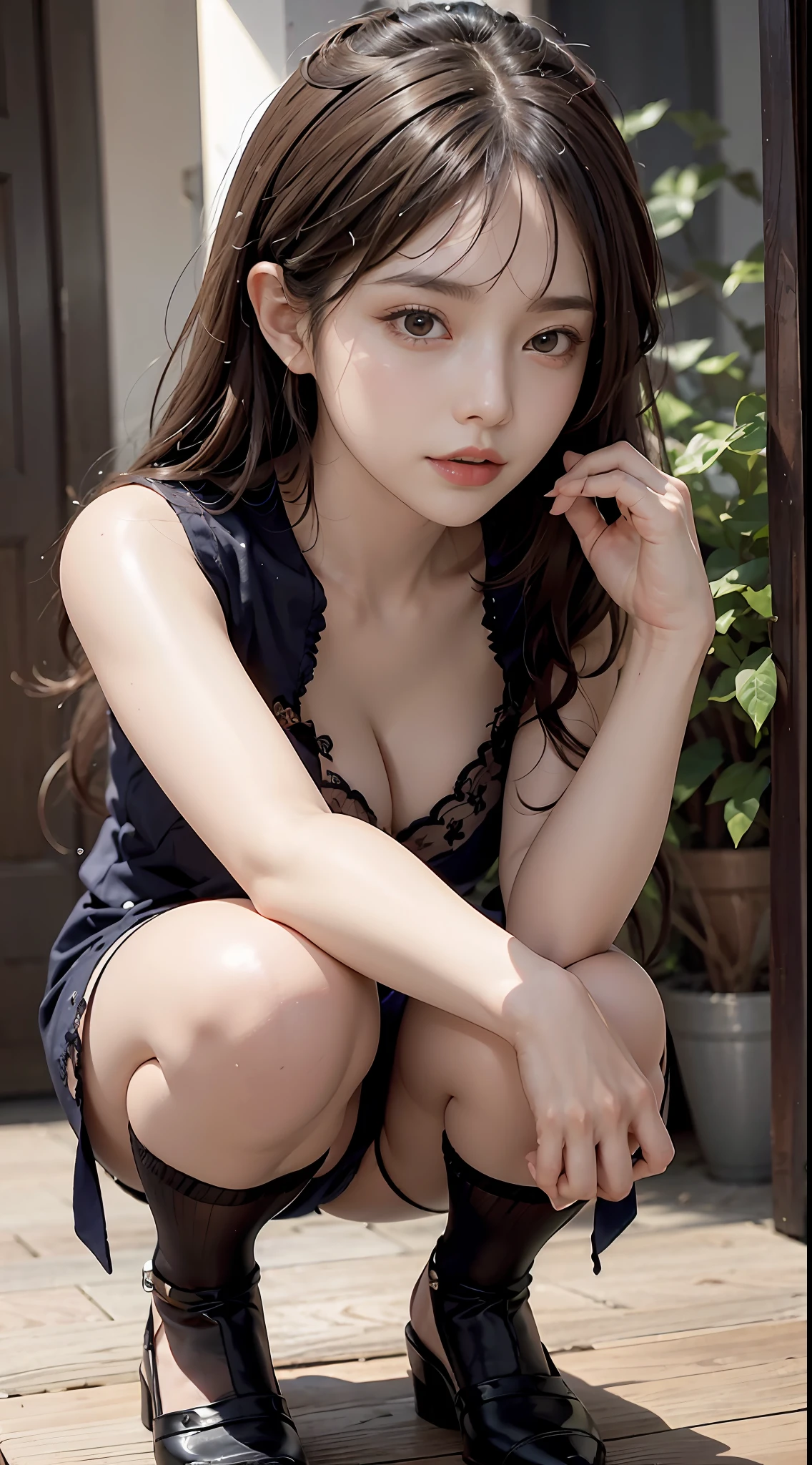 no. 103,close-up,upper body, facial close-up,,an extremely delicate and beautiful, extremely detailed ,,8k wallpaper, Amazing, finely detail,light on face,1girl,see-through,full body,,squatting,,black stockings,