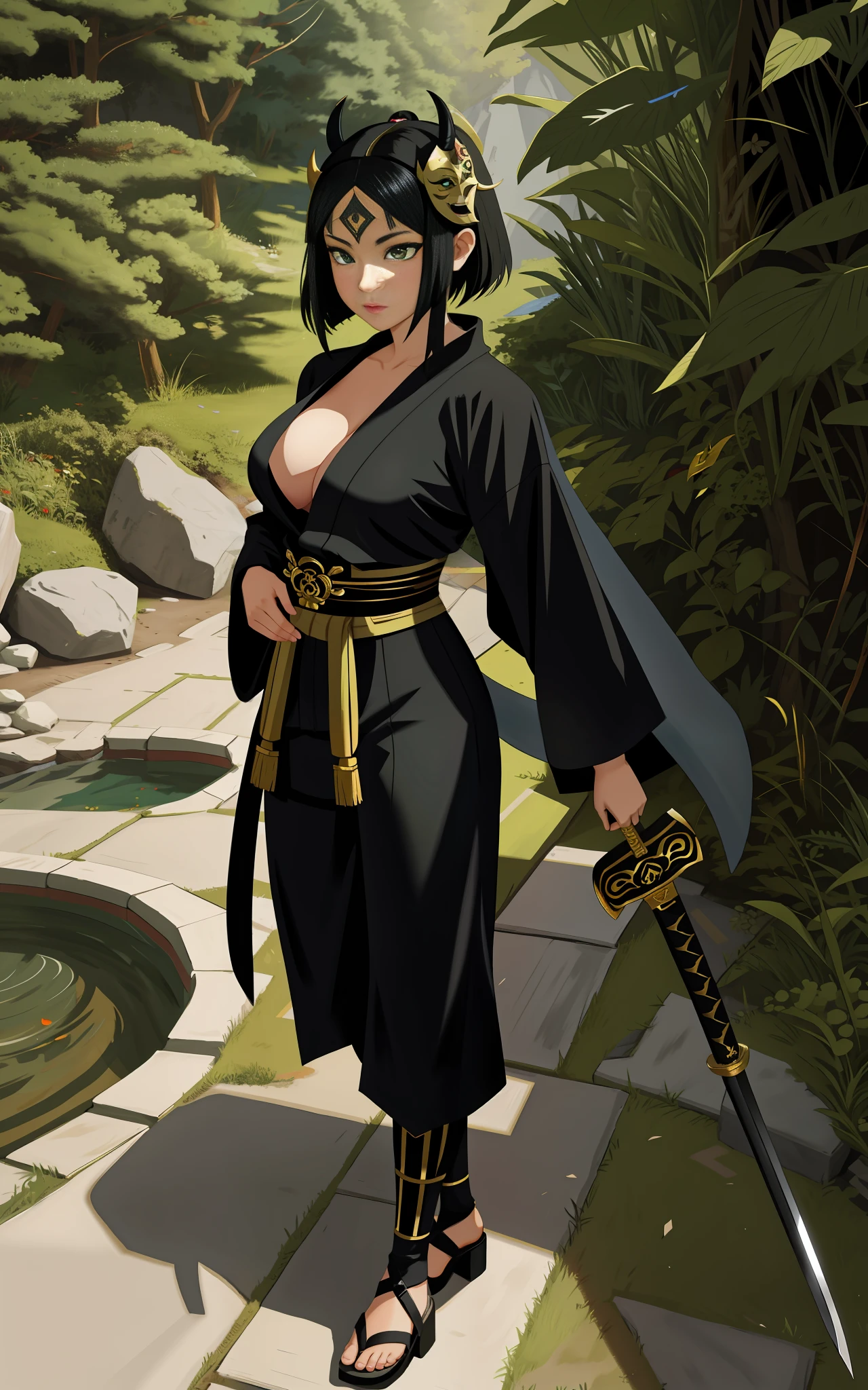full body, Standing, Princess Zelda as Shinobi, costume all black with gold stripes, she has large breasts, (short black hair), ((wearing Oni mask on her face)), cut scar over right eye, (green eyes), a katana attached to her waist, blood all over her clothes, she is in an ancient ninja Temple full of swords stuck in the ground, Anime, masterpiece, 16k, award winning, best quality, high details, UHD, masterpiece, anatomically correct