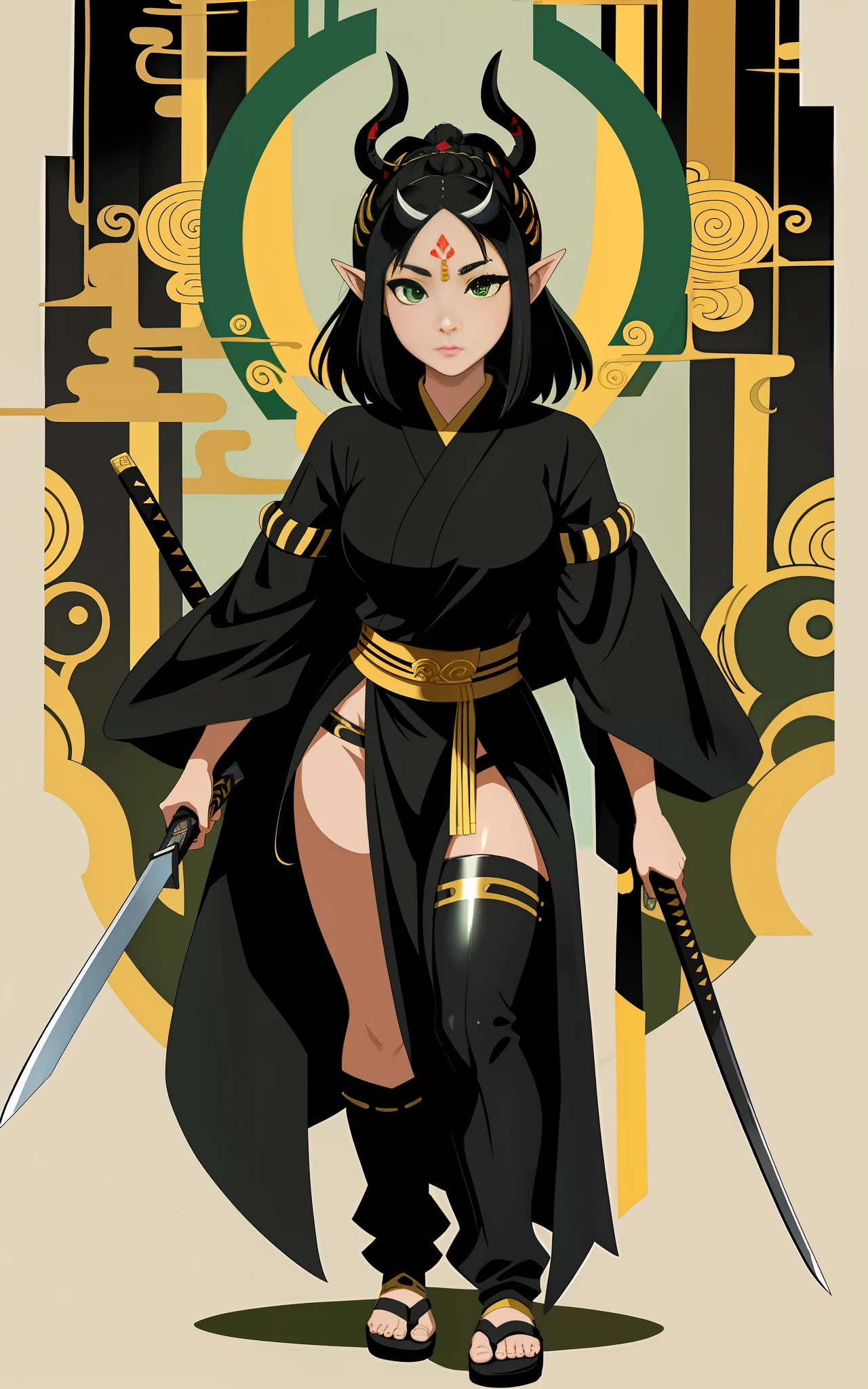 full body, Standing, Princess Zelda as Shinobi, costume all black with gold stripes, she has large breasts, (short black hair), ((wearing Oni mask on her face)), cut scar over right eye, (green eyes), a katana attached to her waist, blood all over her clothes, she is in an ancient ninja Temple full of swords stuck in the ground, Anime, masterpiece, 16k, award winning, best quality, high details, UHD, masterpiece, anatomically correct