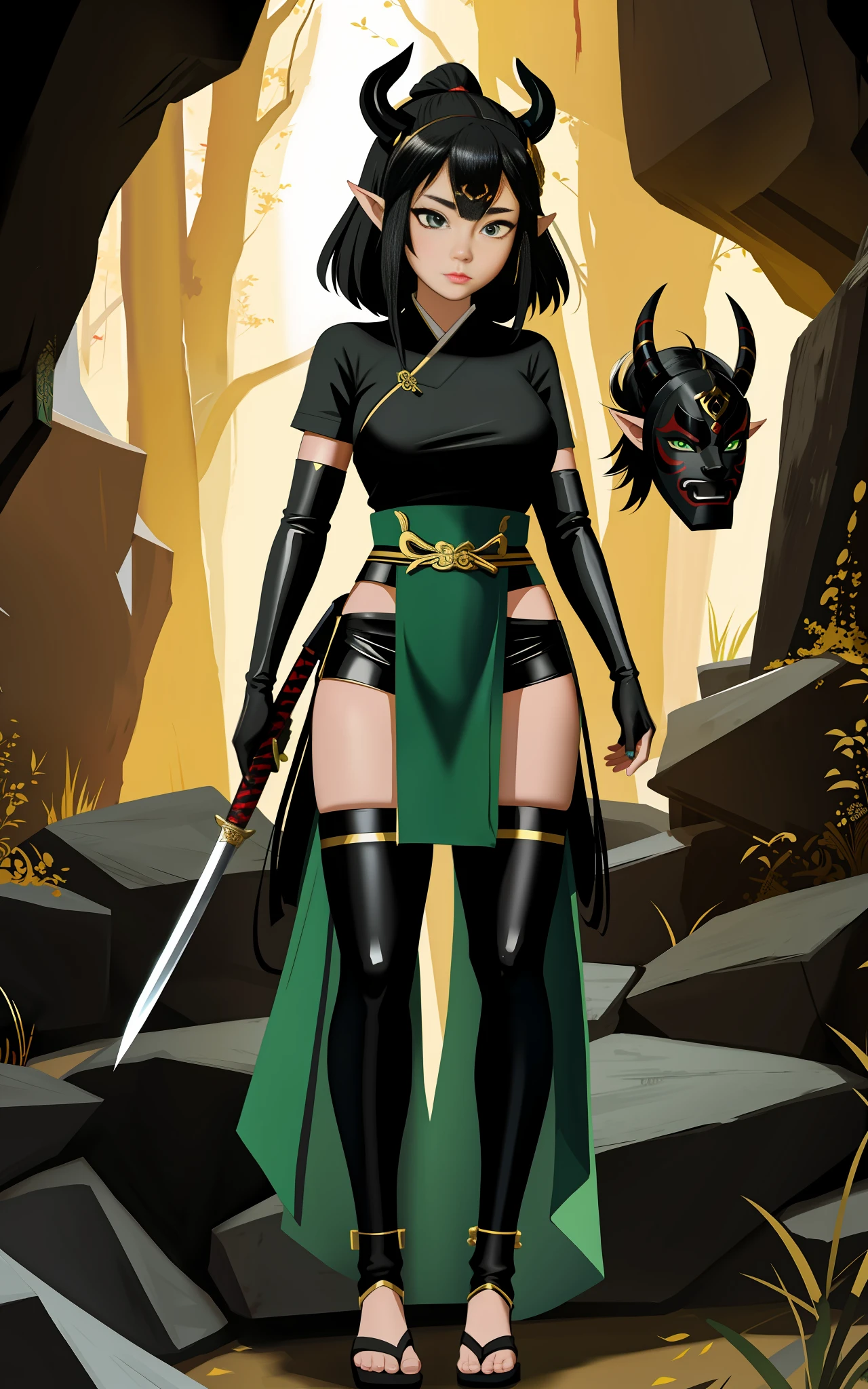 full body, Standing, Princess Zelda as Shinobi, costume all black with gold stripes, she has large breasts, (short black hair), ((wearing Oni mask on her face)), cut scar over right eye, (green eyes), a katana attached to her waist, blood all over her clothes, she is in an ancient ninja Temple full of swords stuck in the ground, Anime, masterpiece, 16k, award winning, best quality, high details, UHD, masterpiece, anatomically correct