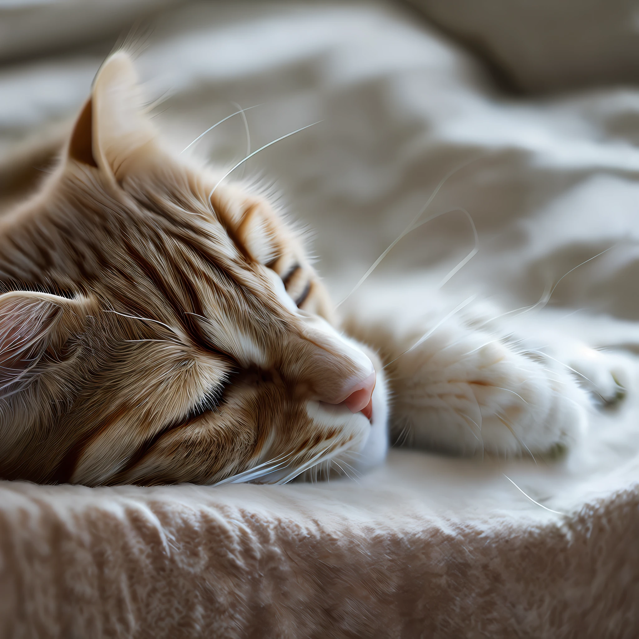 A cat sleeping on a blanket in bed