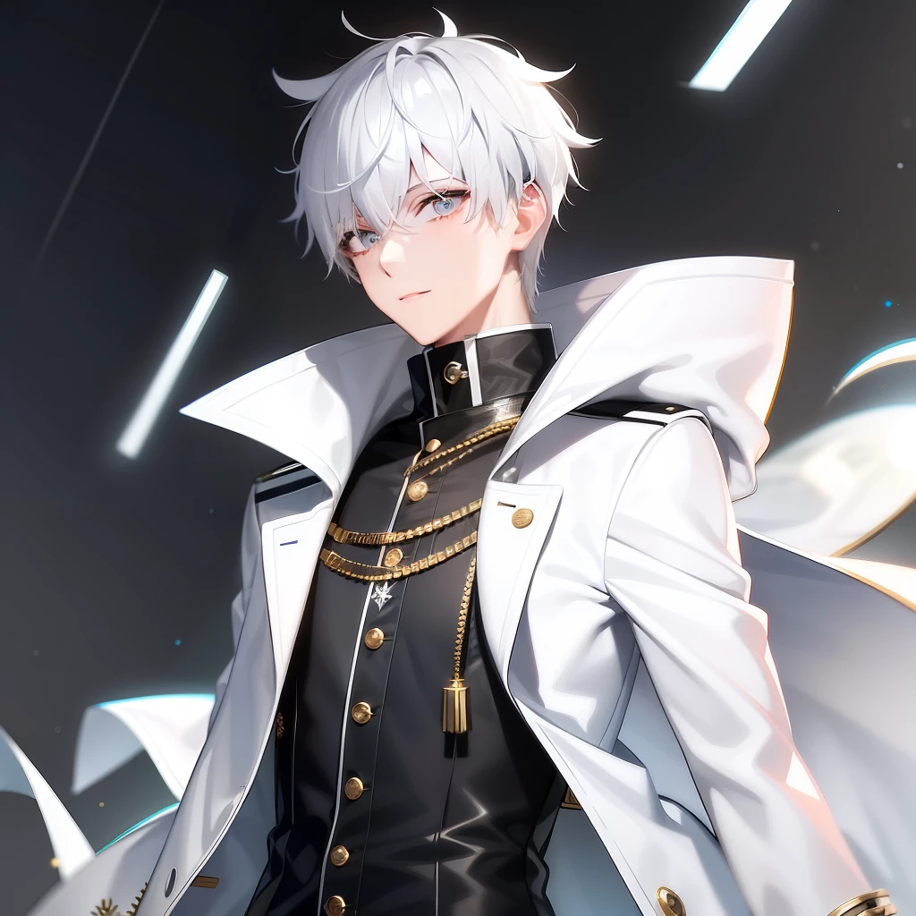 A boy, 21 years old, with short white hair, golden pupils, wearing high-tech clothes with a metallic sheen, silver white as the main body, gray lines and silver and white trench coats, he is a world-famous all-round traveler