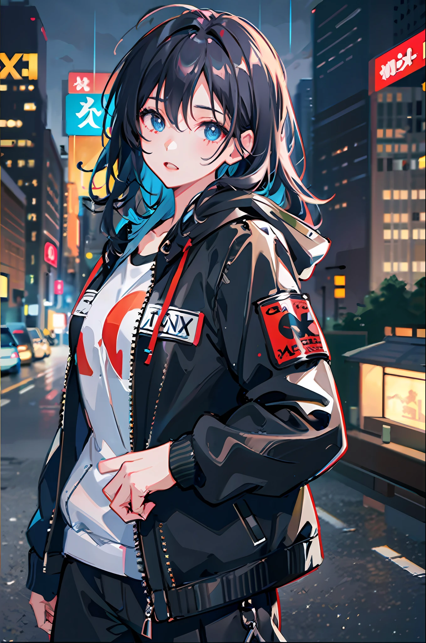 1girl, jacket, rain, outdoor, hoodie, open jacket, chain, backpack, looking at another, messy hair, trending on artstation, 8k resolution, highly detailed, anatomically correct, sharp image, digital painting, concept art, trending on pixiv, style of makoto shinkai,