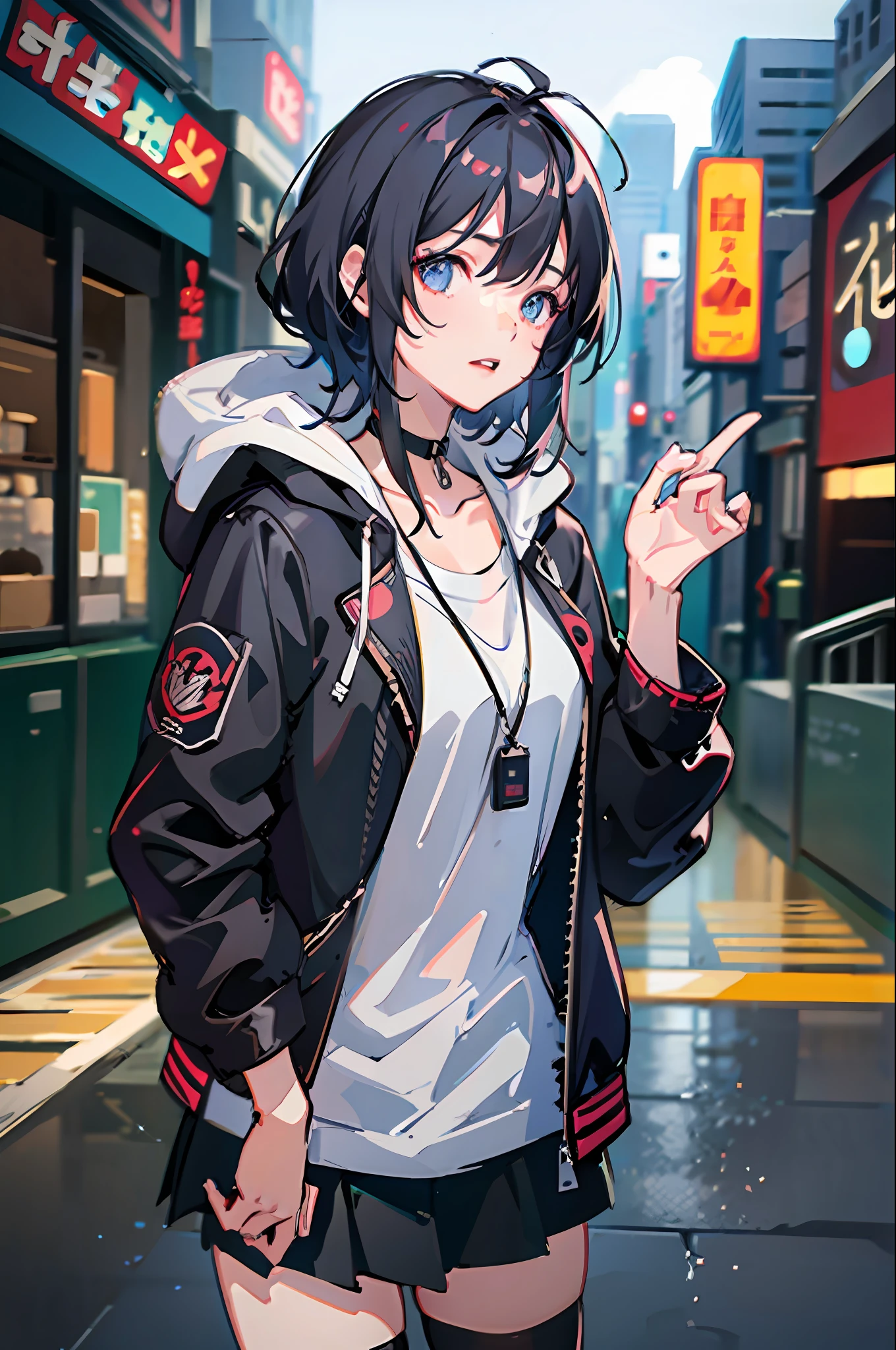 1girl, jacket, rain, outdoor, hoodie, open jacket, chain, backpack, looking at another, messy hair, trending on artstation, 8k resolution, highly detailed, anatomically correct, sharp image, digital painting, concept art, trending on pixiv, style of makoto shinkai,