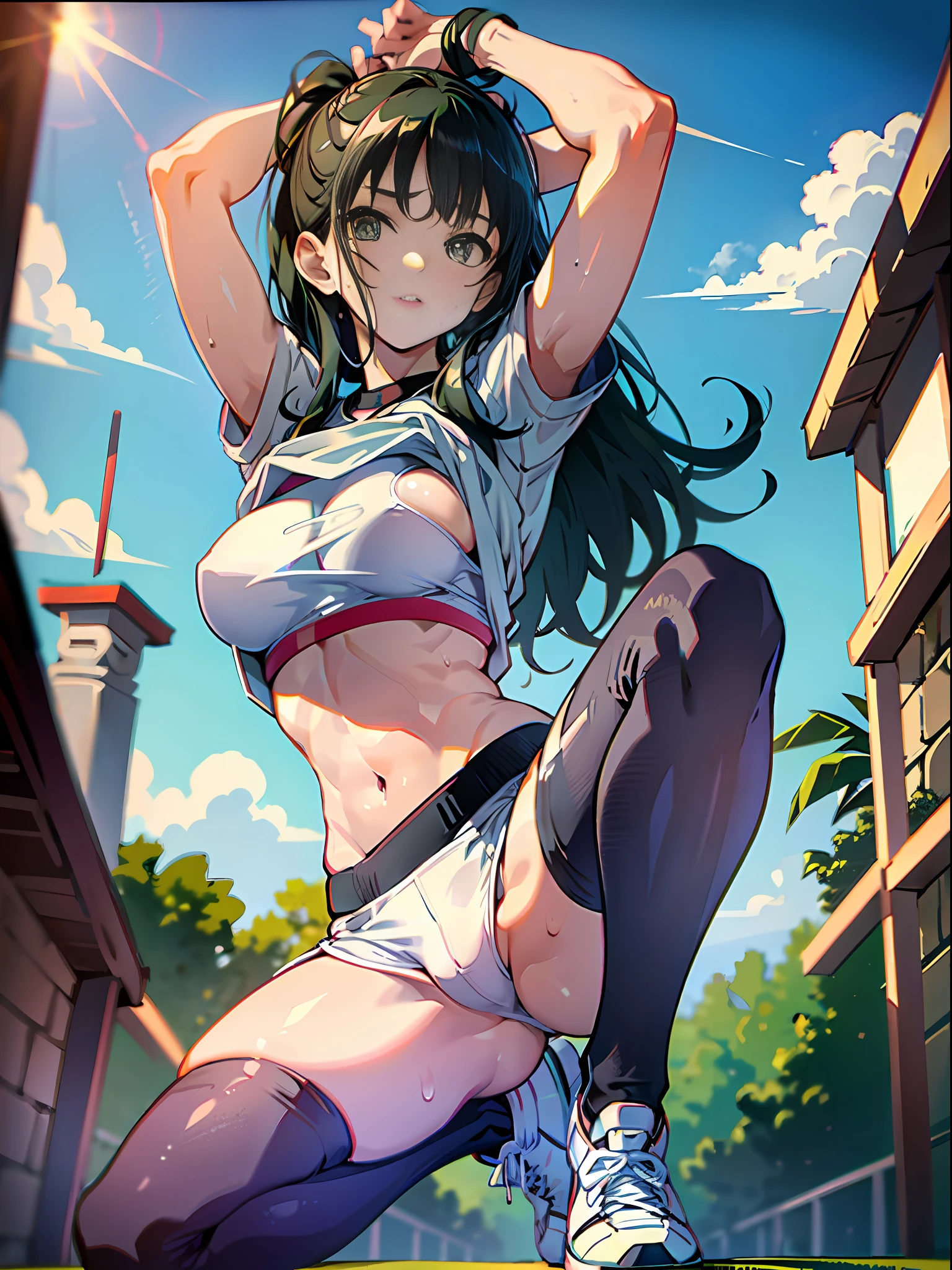 Green eyes, long black hair, crop top, white sweatpants, female karate, hair tie, sneakers, white stockings, muscles, sweating