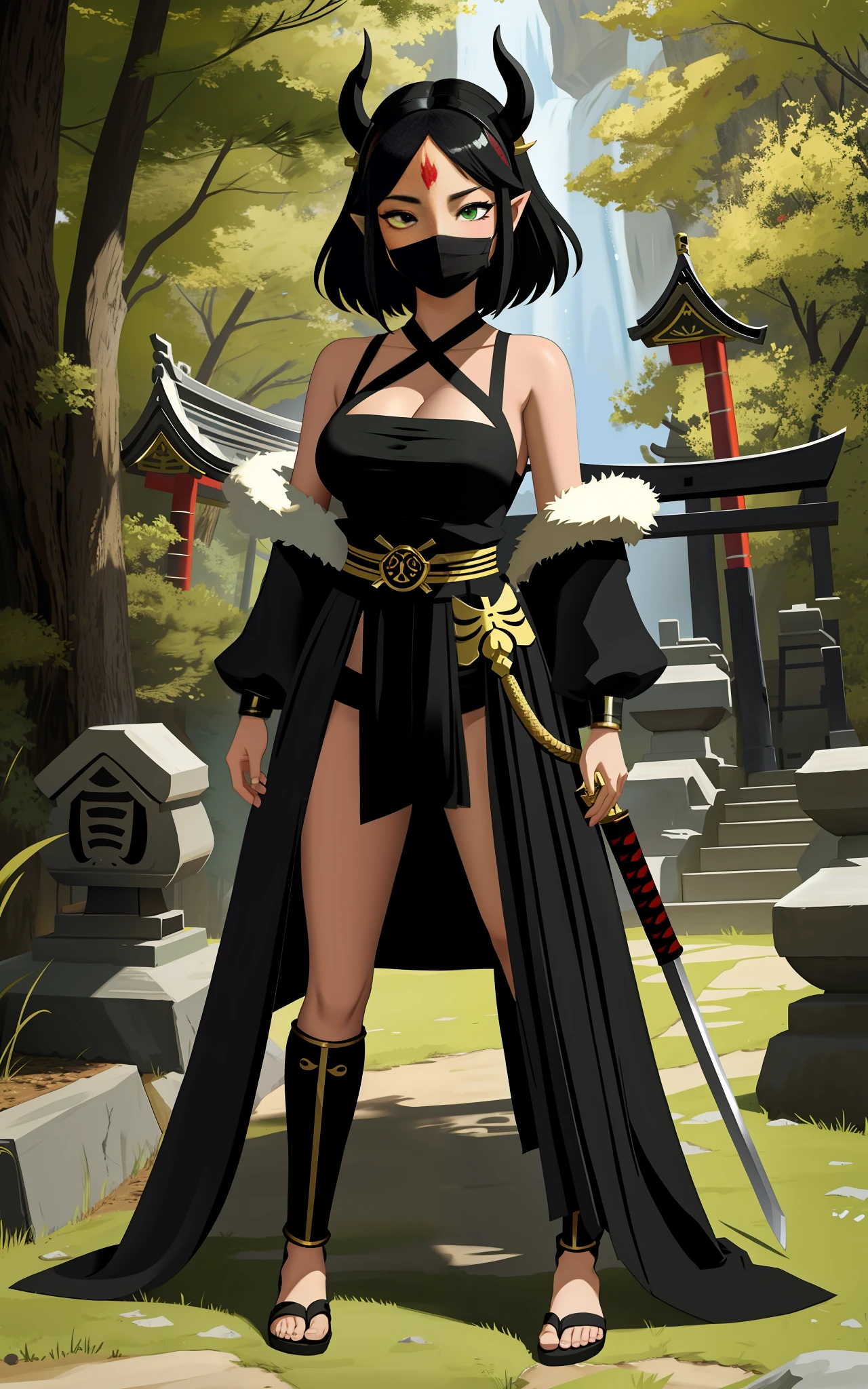 full body, Standing, Princess Zelda as Shinobi, costume all black with gold stripes, she has large breasts, (short black hair), ((wearing Oni mask on her face)), cut scar over right eye, (green eyes), a katana attached to her waist, blood all over her clothes, she is in an ancient ninja Temple full of swords stuck in the ground, Anime, masterpiece, 16k, award winning, best quality, high details, UHD, masterpiece, anatomically correct