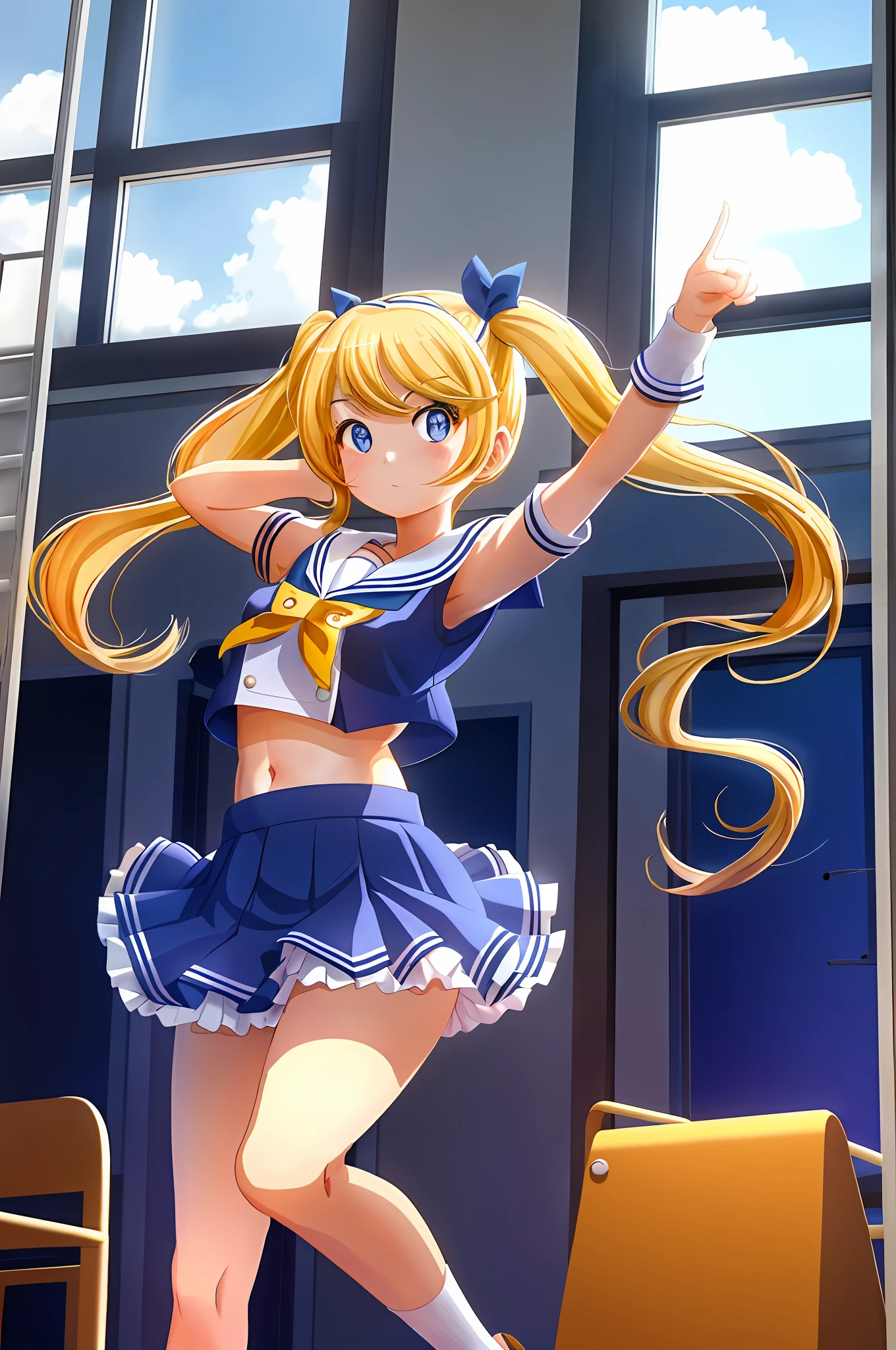 Blonde beautiful girl, high school girl, twin tails, sailor suit, mini skirt, bare legs, loafers, black high socks, pose in front of the window, Pretty cure pose, big, plump, odd eye, red and blue eyes, one girl, belly out, beautiful constriction, flat breasts, F cup, eight-headed body, , half-naked, overexposed, anime, cute, beautiful legs, pose that seems to show the buttocks, white pants, masturbation,