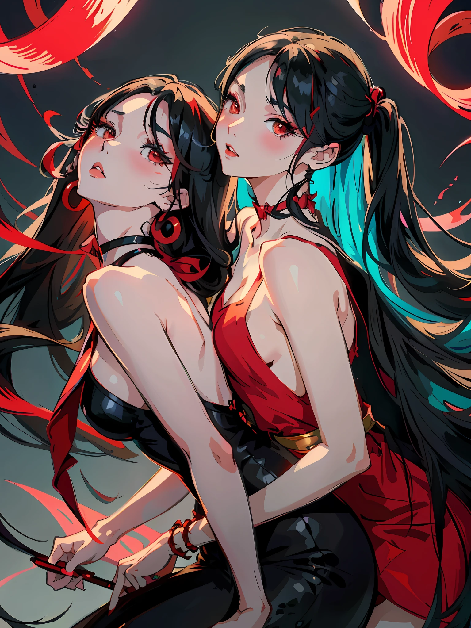 anime girl with long black hair and red dress hugging each other, style artgerm, red and cyan, jazza and rossdraws, artgerm and rossdraws, artgerm and atey ghailan, inspired by Wang Duo, rossdraws and jazza, style of artgerm, :: rossdraws, deviantart artstation cgscosiety