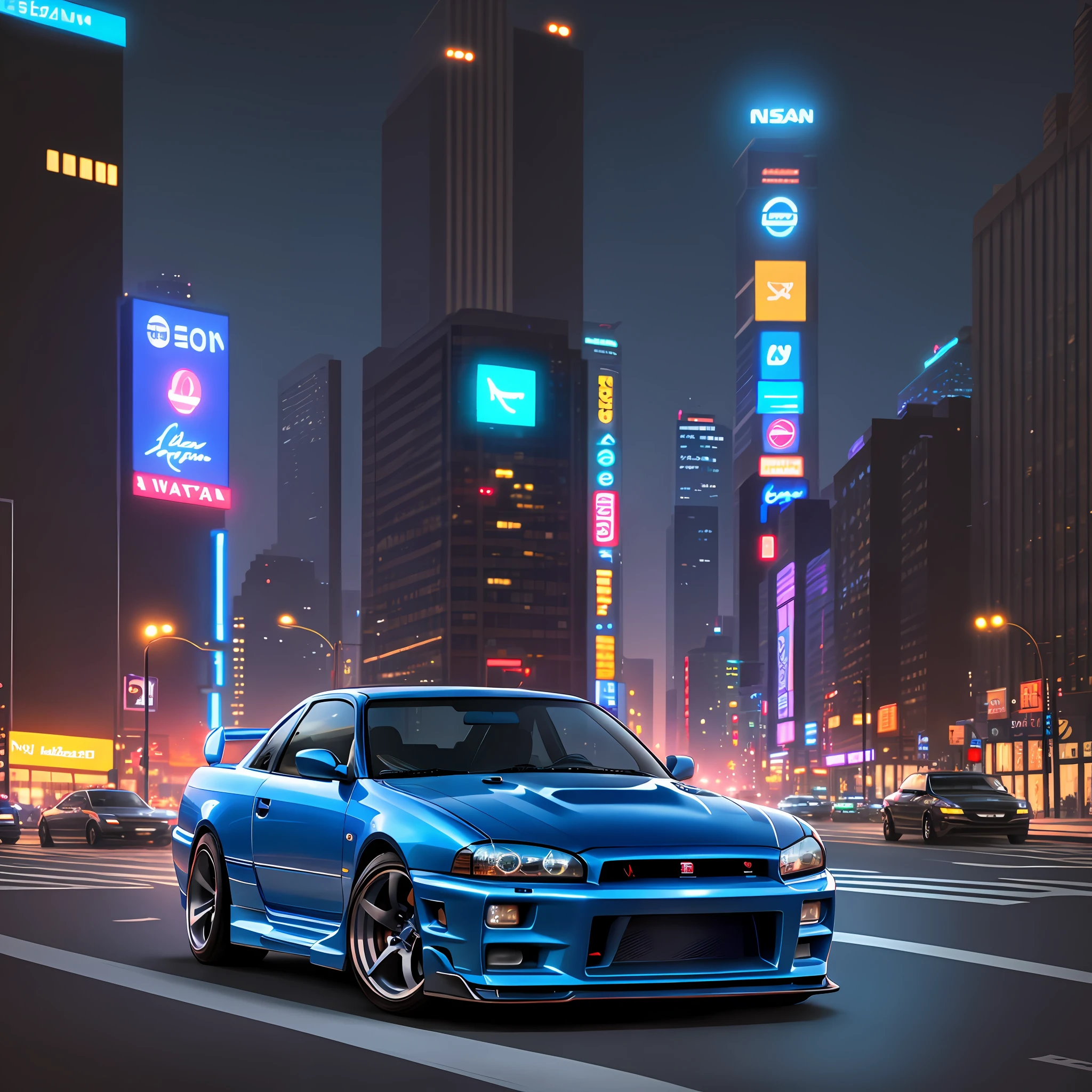 Nissan Skyline r34 Blue, with Neon Blue, in Downtown New York, sunset, cinematic lights, 8k full hd, very detailed, realistic