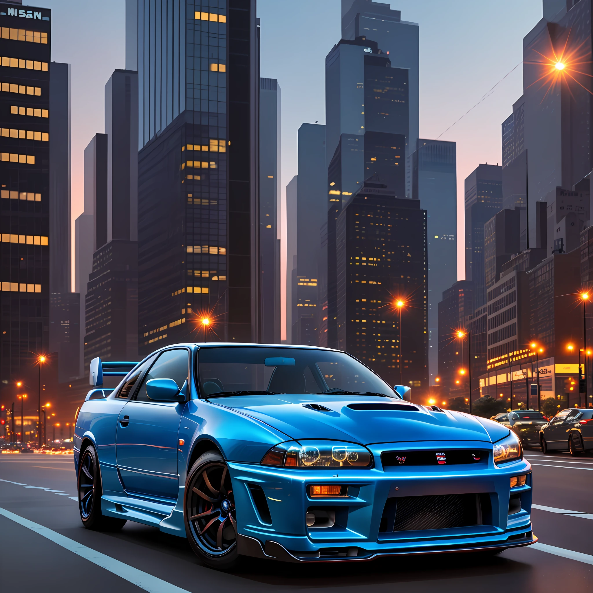 Nissan Skyline r34 Blue, with Neon Blue, in Downtown New York, sunset, cinematic lights, 8k full hd, very detailed, realistic