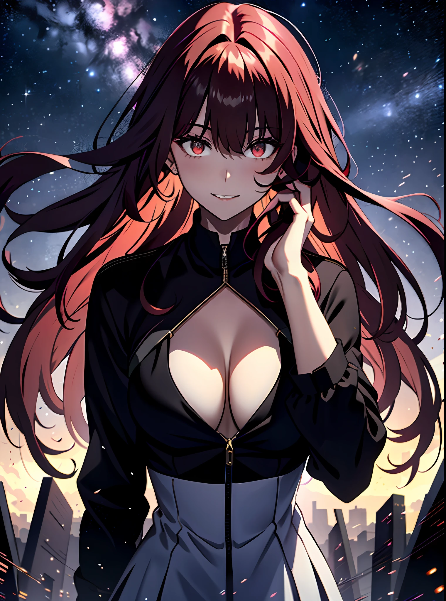 very long hair, red-colored hair, jacket, Black_jacket, red_eyes, bangs, school_uniform, straight hair, blunt_bangs, looking down at the viewer, big, full body, crazy eyes, insane, wide open eyes, glowing eyes, shiny lips, blush, satisfying look, sexually aroused, obsessive look, crazy smile, hands from the frame, Adults (), plump, red hair, ((Gorgeous starry sky background)), ((Ultra Definition)), ((Best Illustration)), (Shine: 1.2), (Shine: 1.2), (Best Quality), (Masterpiece: 1.2), (Anime-style), (Solo), Beautiful Detail Face, (Long Hair: 1.2), (Floating Hair: 1.2), Detailed Costumes, (Magic Effects: 1.3), (Transparent Fabric: 1.1), (Twinkle: 1.2), (Glow: 1.2), ( Shine: 1.2), (Flicker: 1.2) , (Dazzle: 1.2), Big, Big breasts, Full body, Black miniskirt, evil grin, slightly open mouth, blush, Excited face, Bewitching look, Estrus, Clothes with open chest, Cleavage, Naughty look, Lustful face