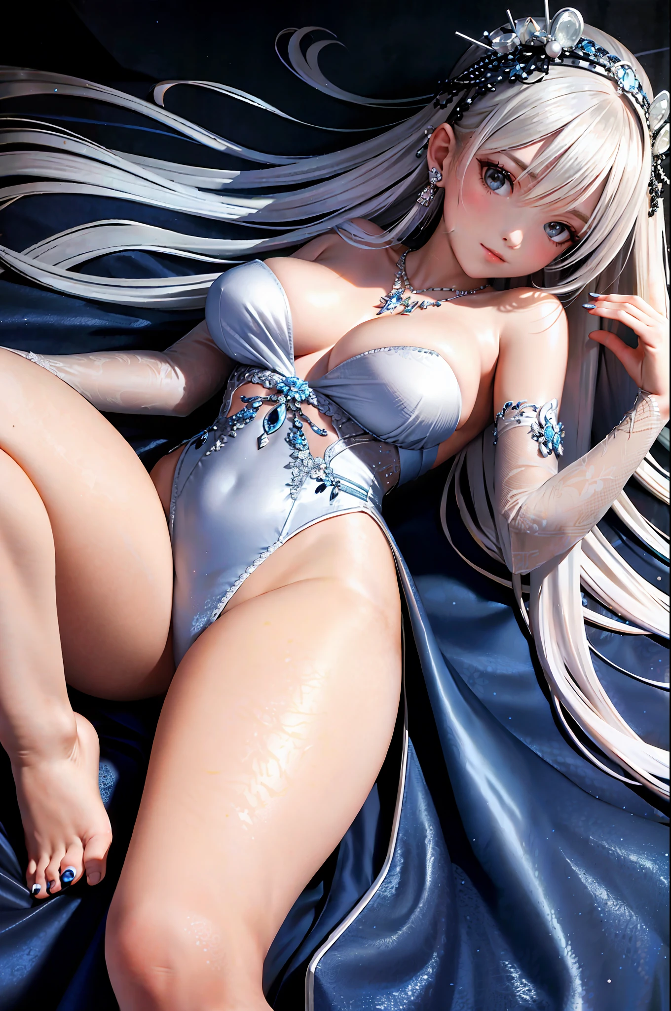 (8k, best quality, masterpiece: 1.2), 1girl, headwear, portrait, (long loose silver strapless dress: 1.1), necklace, lying down, thighs, blue nails, cute, cityscape, night, rain, wet, professional lighting,photon mapping,radiosity , physical rendering,(mature women:1.1), (exquisite and detailed, tight clothes, hair accessories:1.2),