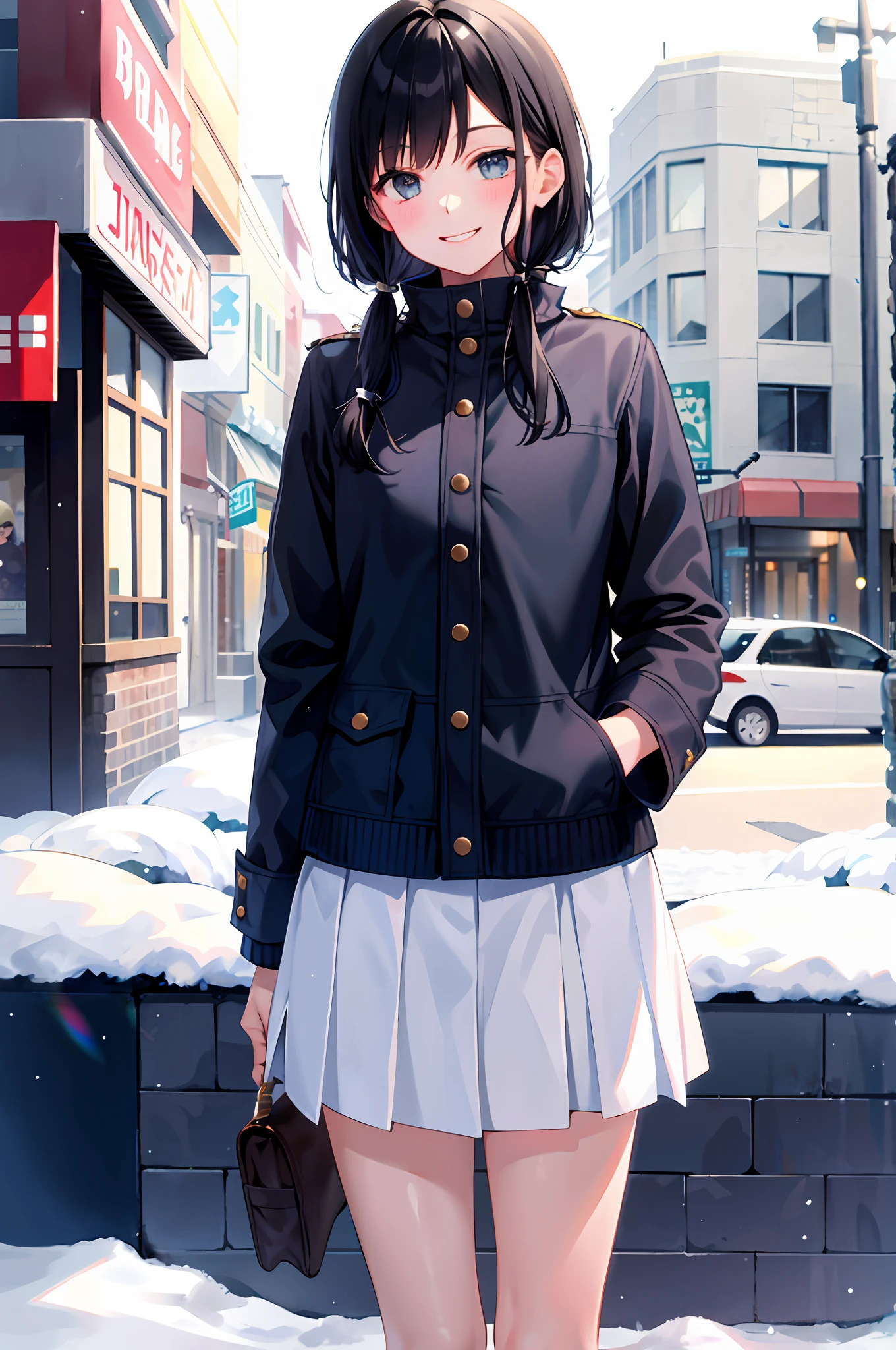 (morning), single girl, alone, look viewer, winter, cowboy shot,schoolgirl,uniform, cowboy shot, smile, black hair