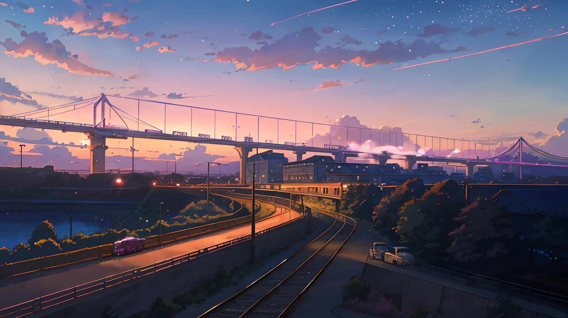 Anime scene with train passing under pink and purple sky, anime drawing by Makoto Shinkai, trending on pixiv, magic realism, beautiful anime scene, cosmic sky. by makoto shinkai, ( ( makoto shinkai ) ), by makoto shinkai, anime background art, makoto shinkai style. Detail enhancement, perfect detail processing.