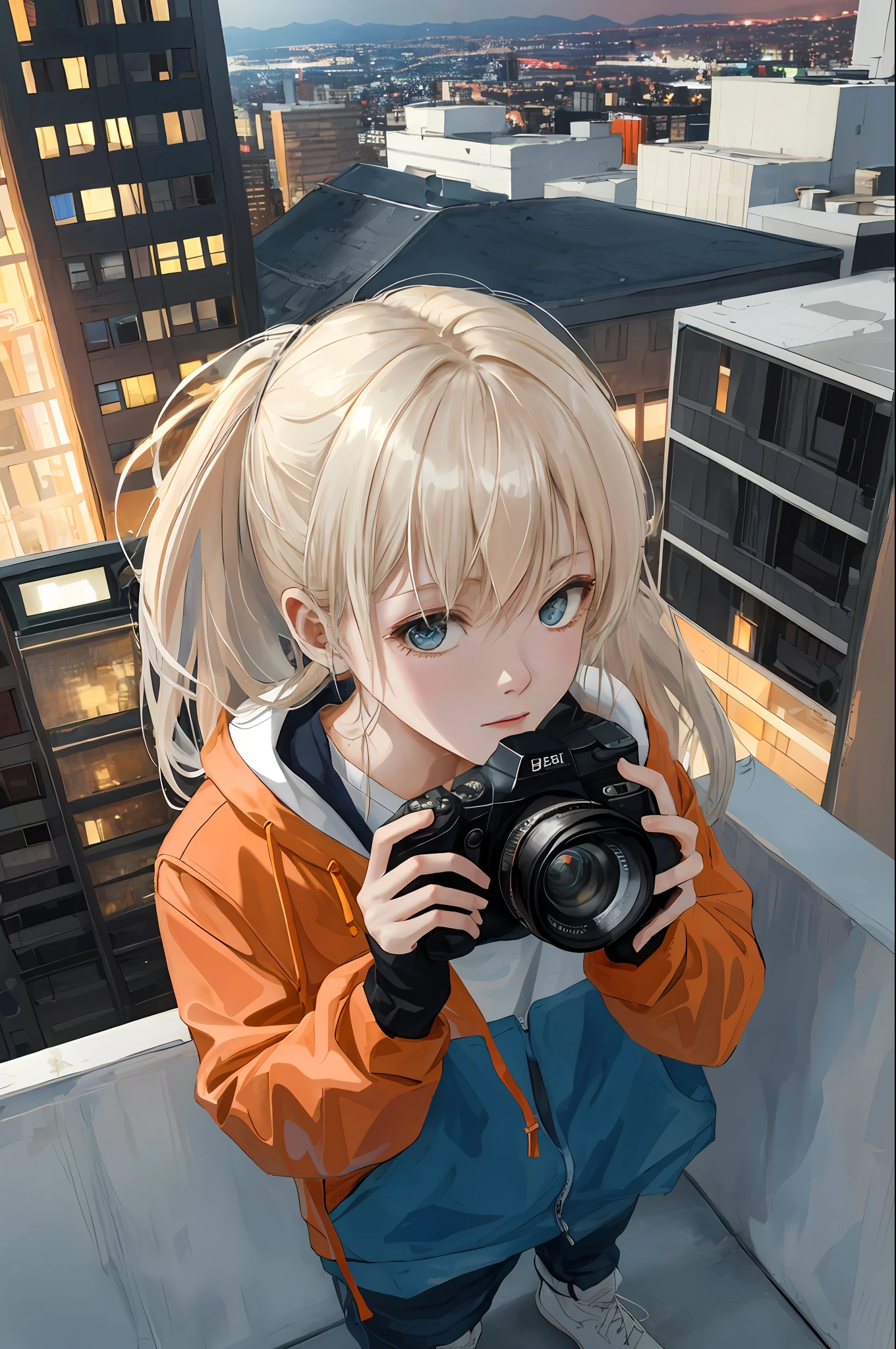 Realistic, Best Quality, 8k Ultra HD, DSLR, Soft Light, High Quality, Film Grain, Fujifilm XT3, (close-up, seen from directly above), Avant-garde girl, dark orange jacket, white sneakers, platinum blonde hair color, long hair, dramatic makeup, piecing, (nighttime, dark city), neon, personality, authenticity, creative expression, camera, computer, books, messy room, rooftop apartment