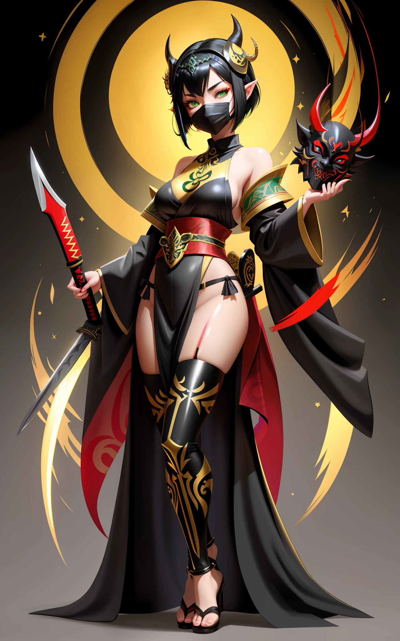 full body, Standing, Princess Zelda as Shinobi, costume all black with gold stripes, she has large breasts, (short black hair), ((wearing Oni mask on her face)), cut scar over right eye, (green eyes), a katana attached to her waist, blood all over her clothes, she is in an ancient ninja Temple full of swords stuck in the ground, Anime, masterpiece, 16k, award winning, best quality, high details, UHD, masterpiece, anatomically correct