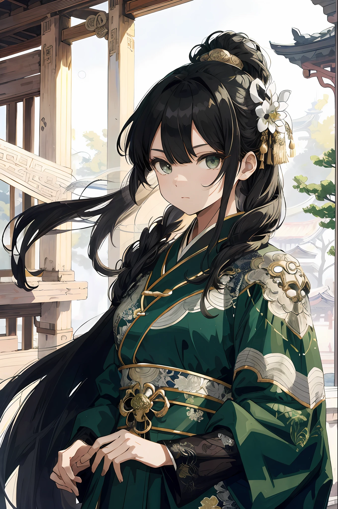 Official Art Illustration, 1 Girl, Black Eyes, Black Hair Color, Floating Hairpins, (Delicate Eyes), Intricate Silver-White-Gold-Green Hanfu, Antique Style, Traditional Chinese Style, Gorgeous Accessories, Intricate Filigree, FOV, F/1.8, Masterpiece, Frontal View, 8K, Hazy, Backlight, Beautiful Anime Portrait, Beautiful Anime Woman, Beautiful Digital Art, (High Resolution), (Masterpiece), Heroine, Fantasy Art, Beautiful Digital Art, Moire, Outdoor, (Warring States Background), ((2.5D))