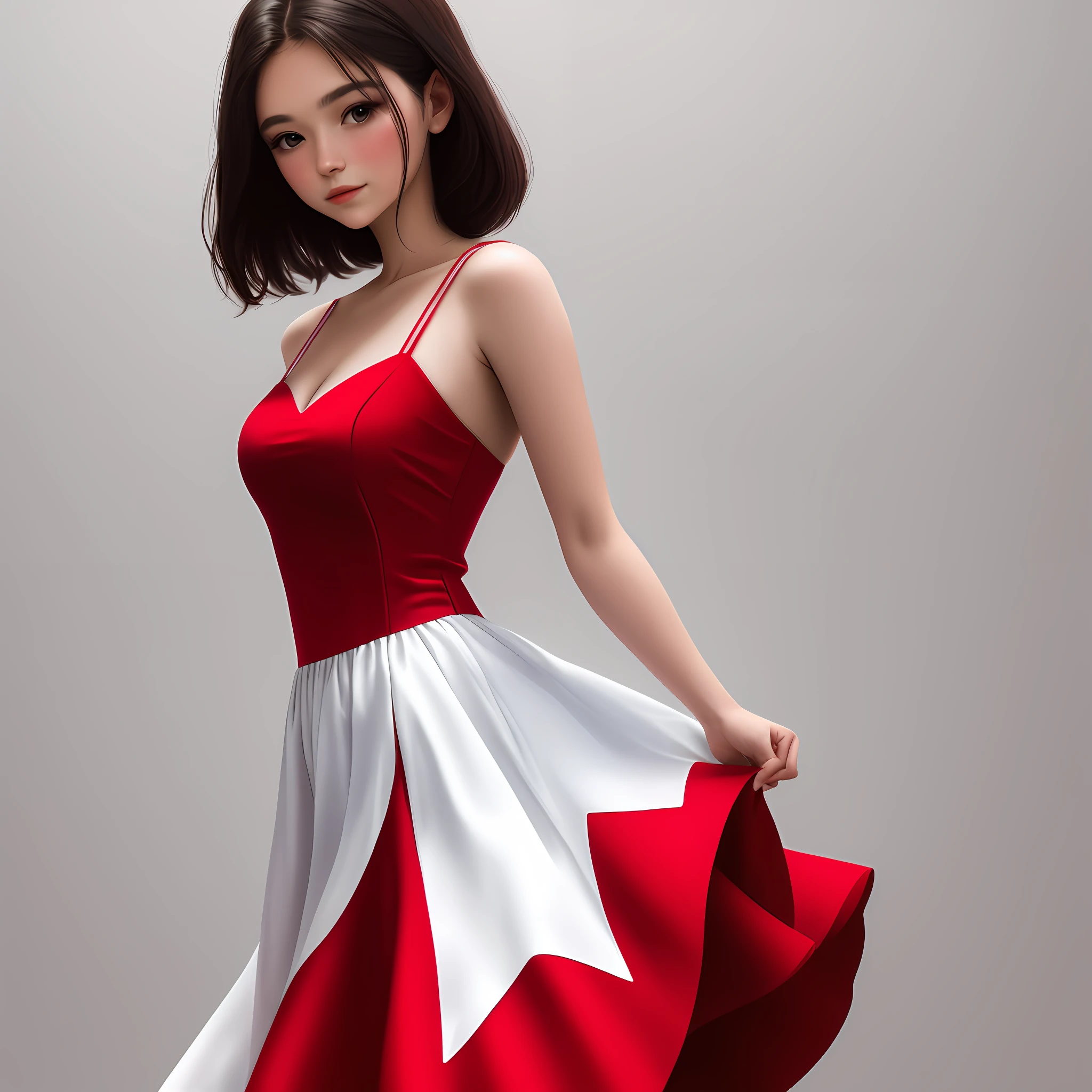 Woman wearing a red dress on an all-white background