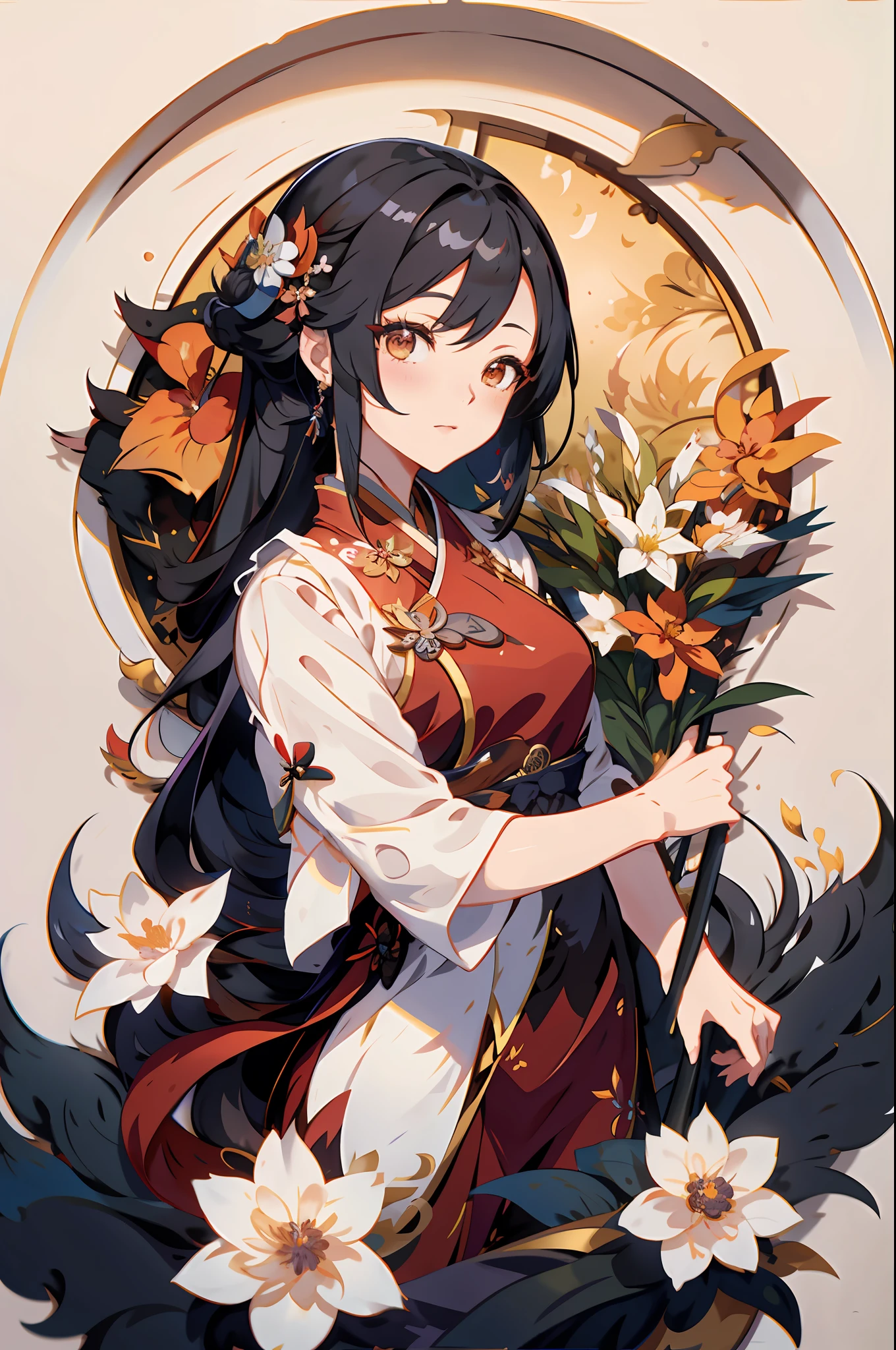 anime girl with long black hair holding a bouquet of flowers, onmyoji detailed art, onmyoji portrait, guweiz, onmyoji, ayaka genshin impact, by Yang J, artwork in the style of guweiz, keqing from genshin impact, artgerm and atey ghailan, anime style 4 k