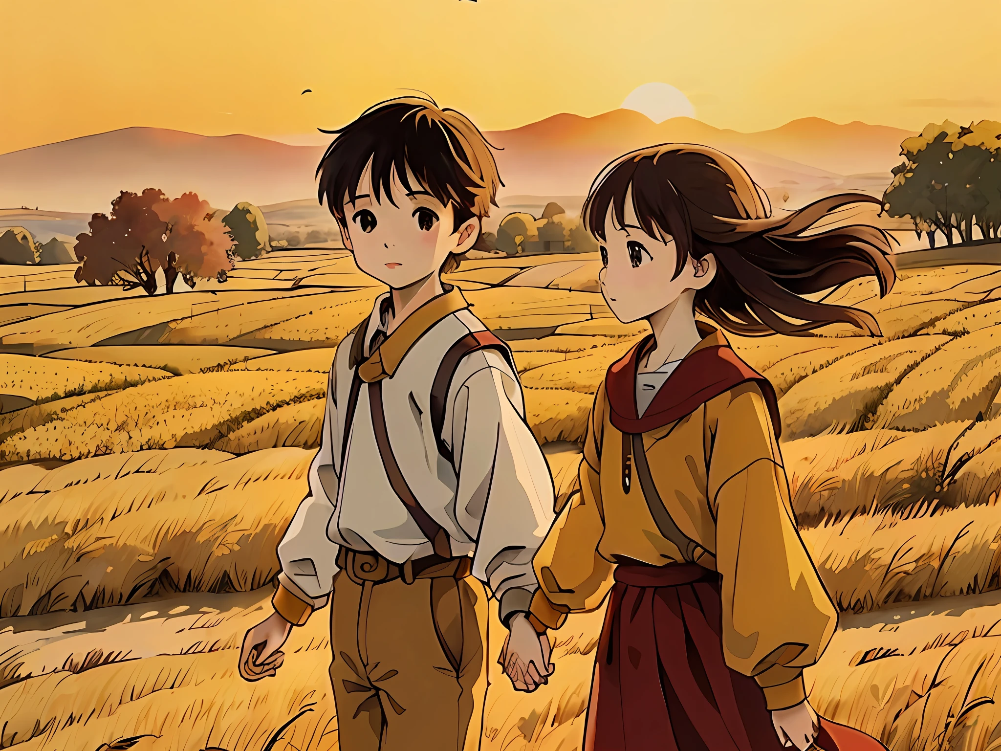 anime scene of a couple walking through a field with a bird flying overhead, miyazaki's animated film, style in ghibli anime, today's featured anime still, official art, style in ghibli anime style, miyazaki film, anime movie, studio ghibli sunlight, screenshot from the anime film, ghibli animated film, anime film still, high quality anime movie still