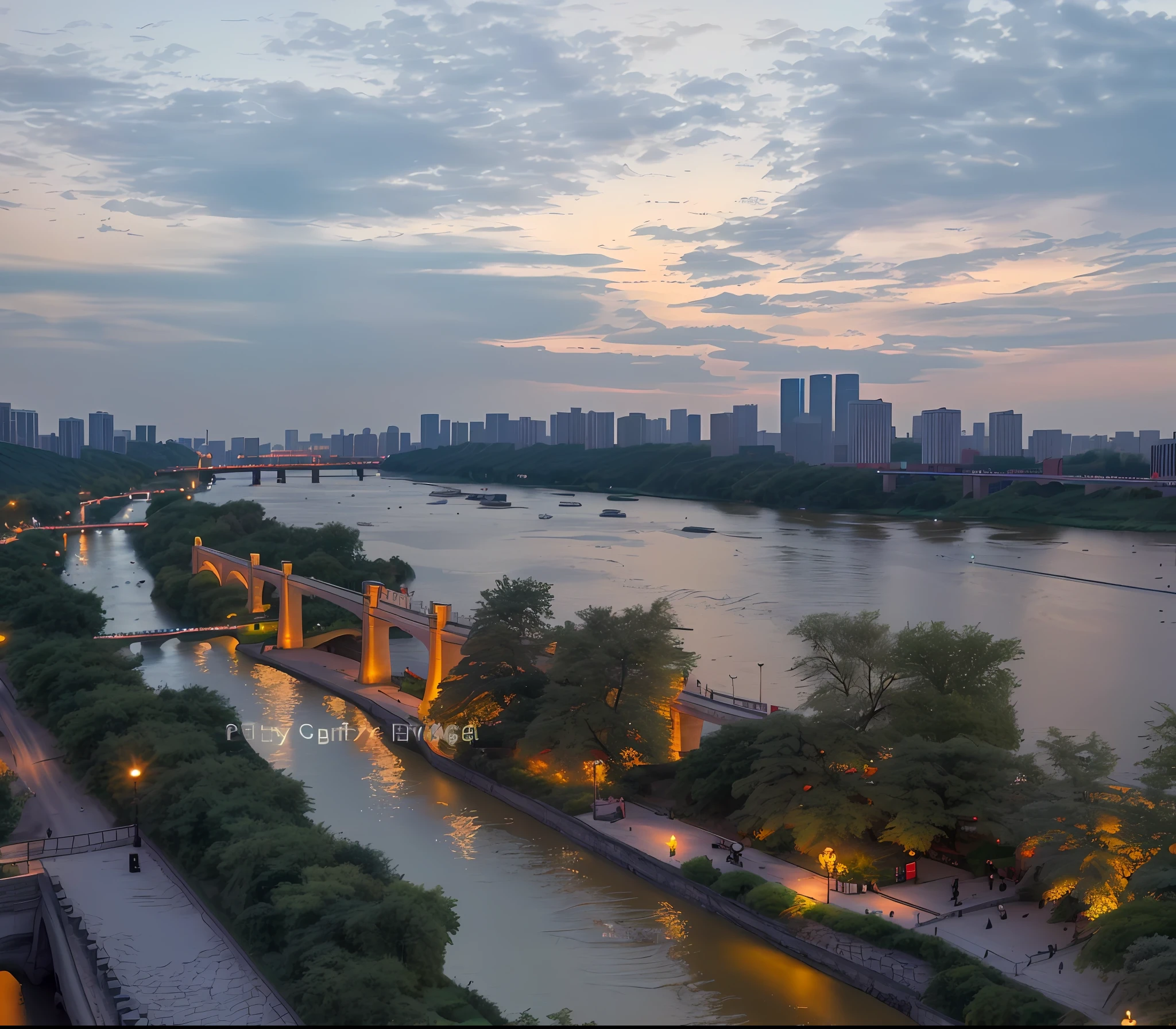 arafed view of a river with a bridge and a city in the background, baotou china, golden hour in beijing, river in the background, summer evening, pyongyang city, wide angle river, summer morning, early evening, late summer evening, pyongyang, evening sunset, sunset time, sunset view, morning sunrise