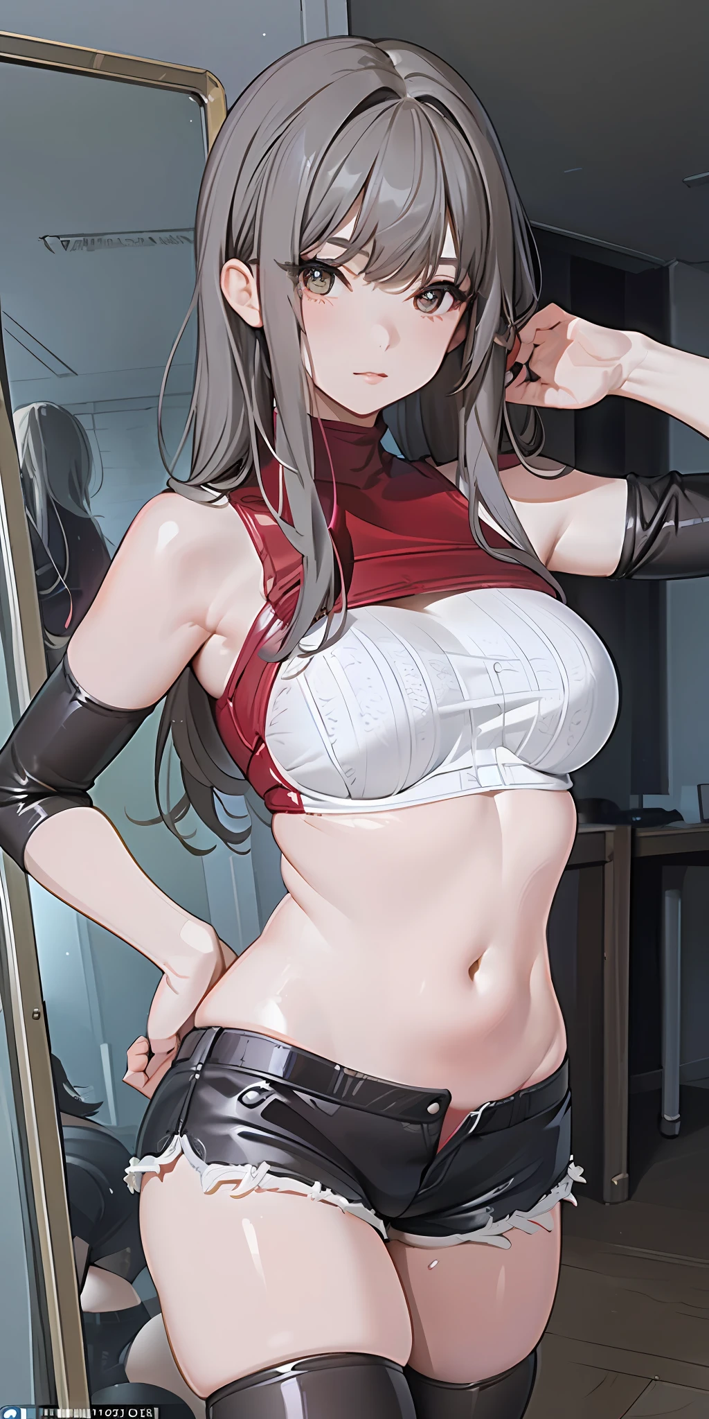 (masterpiece:1.6, best quality), (finely detailed beautiful eyes: 1.2), (Overhead view), high quality, beautiful face, 1girl, wide shot, white crop top, leather short shorts, oversized leather jacket, open shoulders, silver hair, large breasts, long hair, wide hips, (leaning to the side, ), street, background, detailed background,