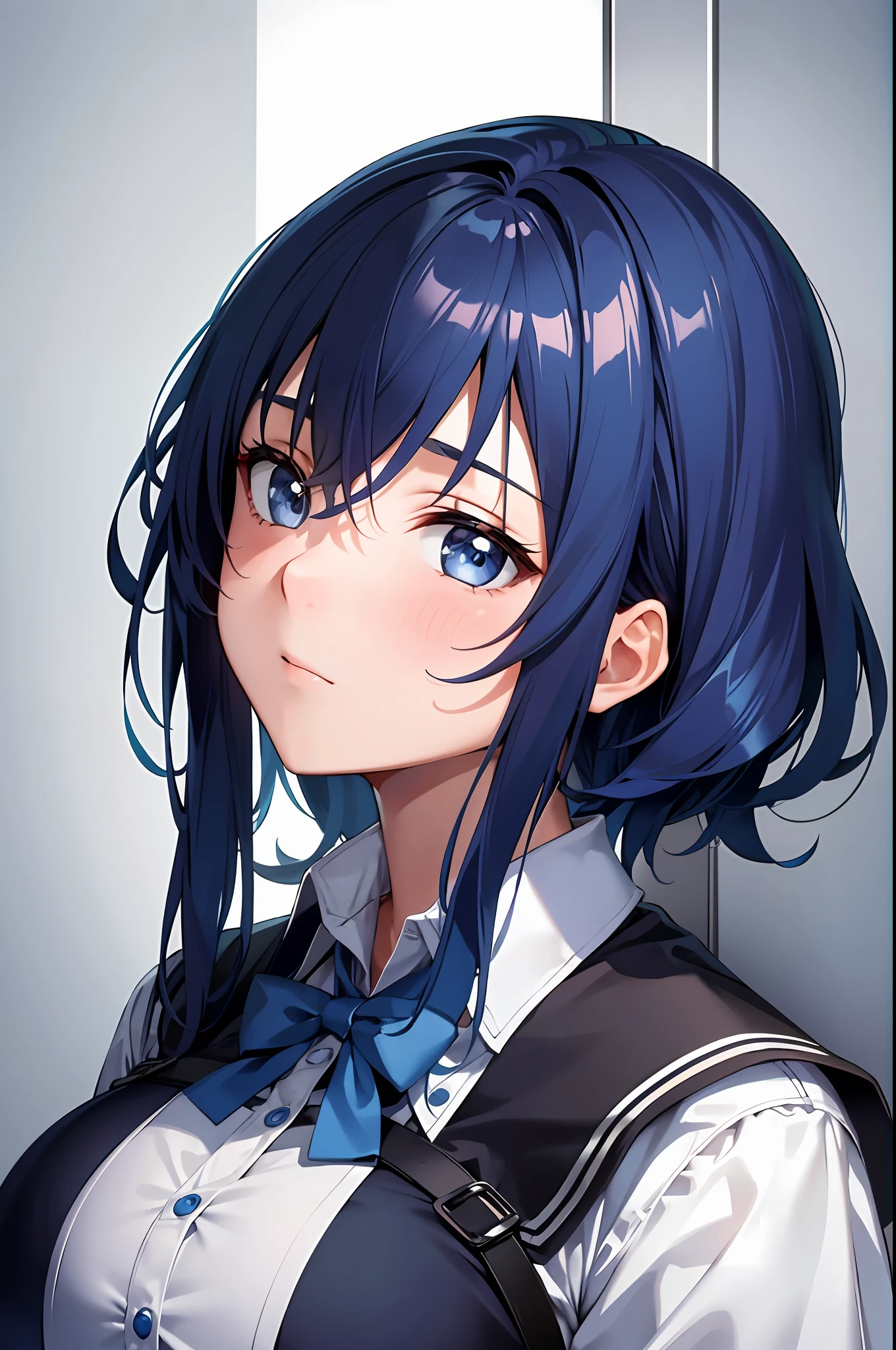 masterpiece, highly best quality, colorful, a woman, (schoolgirl uniform), (gal), (emotionless face), blue hair, high contrast shiny oily skin, huge long breasts, sfw ,